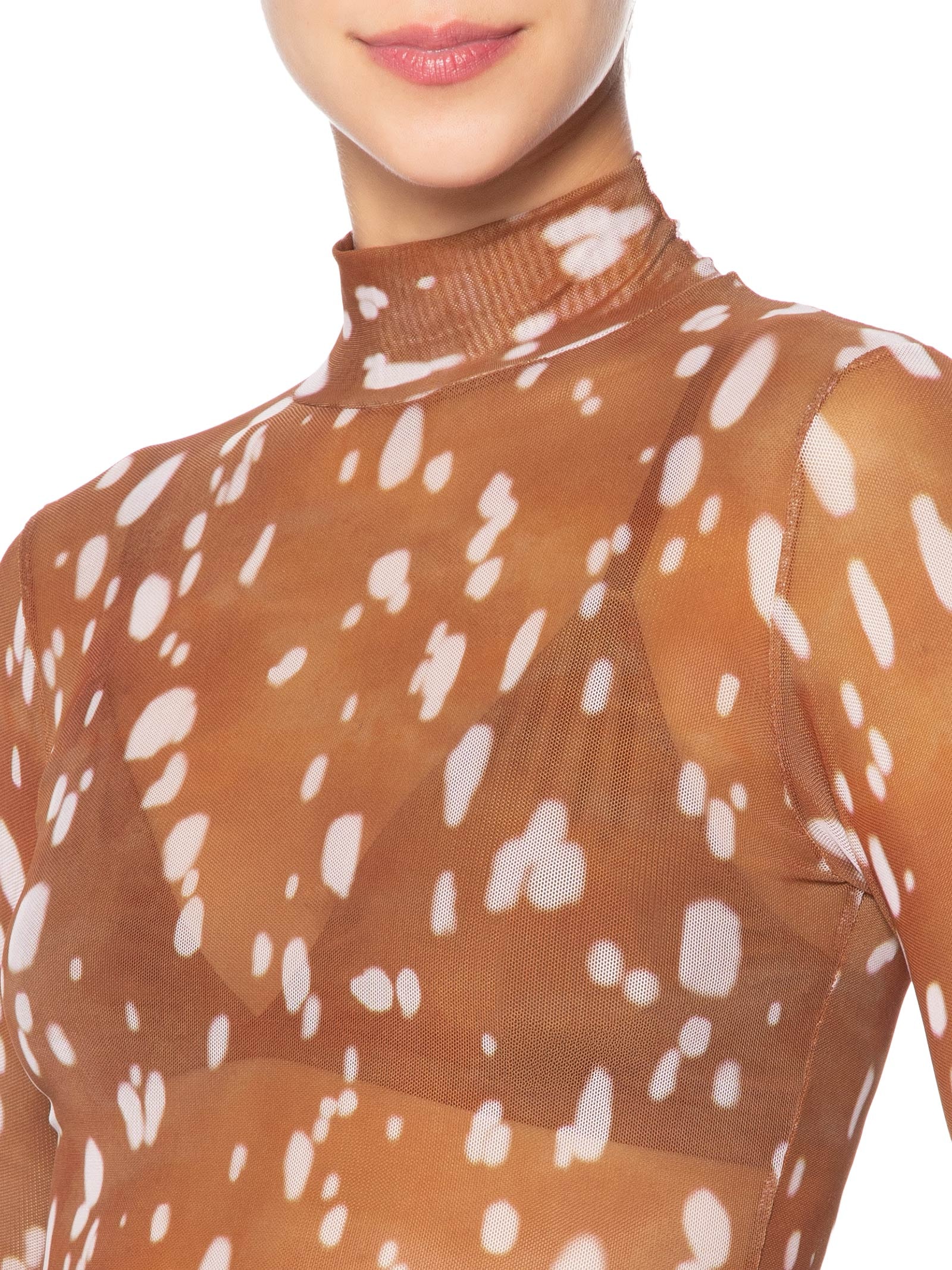 Blusa Feminina Gola Alta De Tule Color Marrom Animale