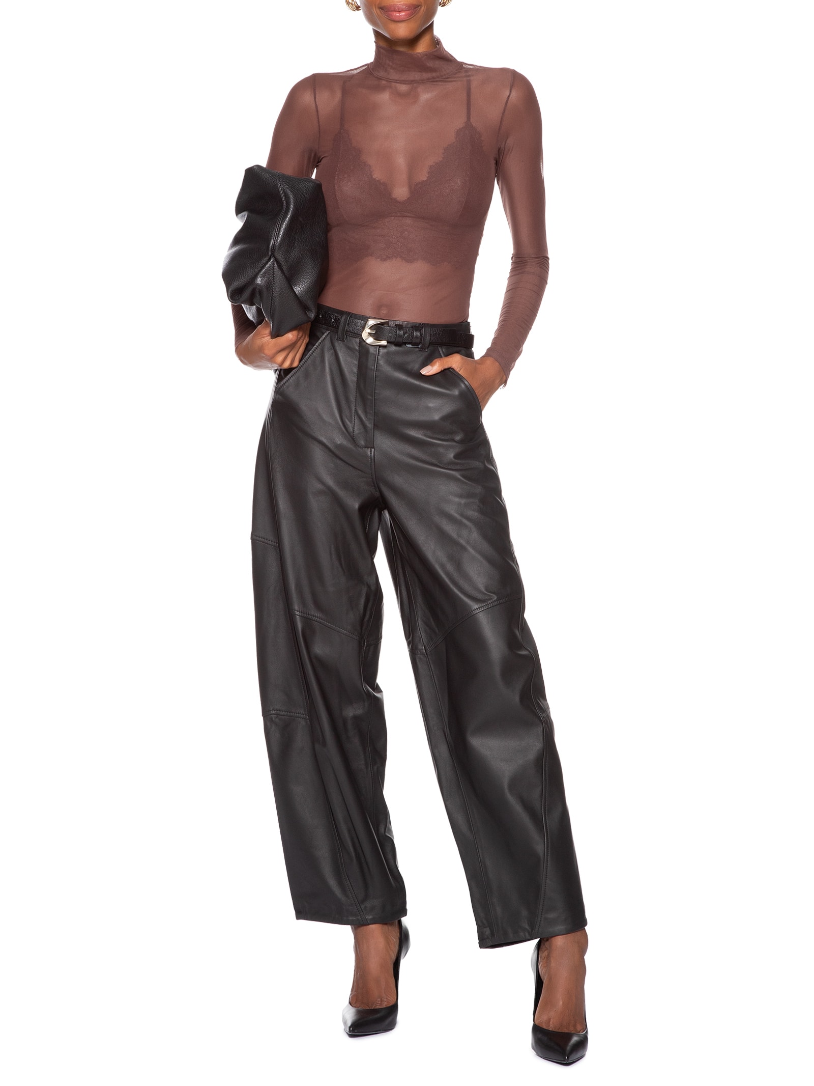 Blusa Feminina Gola Alta De Tule Marrom Animale