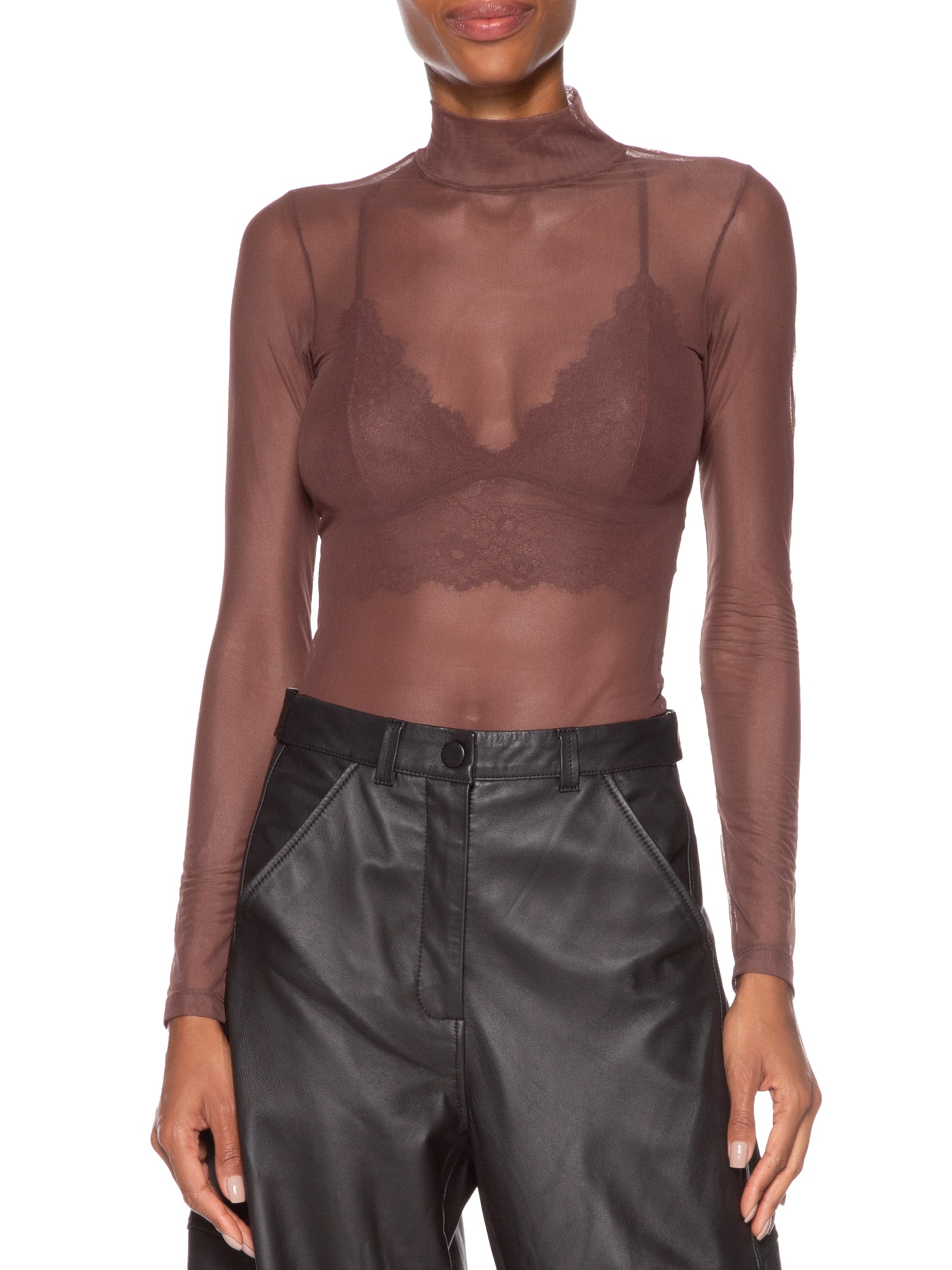 Blusa Feminina Gola Alta De Tule Marrom Animale