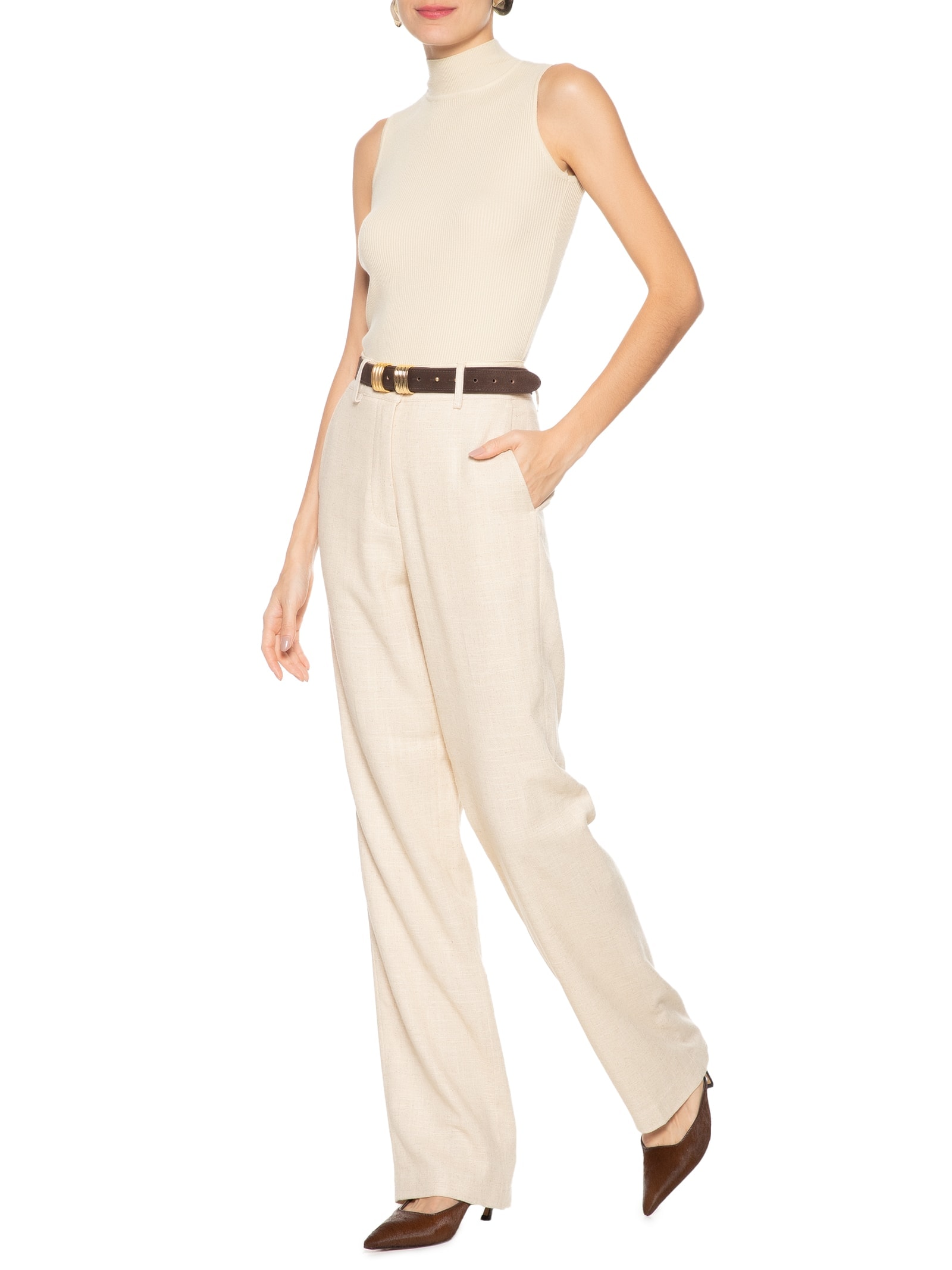 Blusa Feminina Gola Alta Em Tricot Bege '2Essential