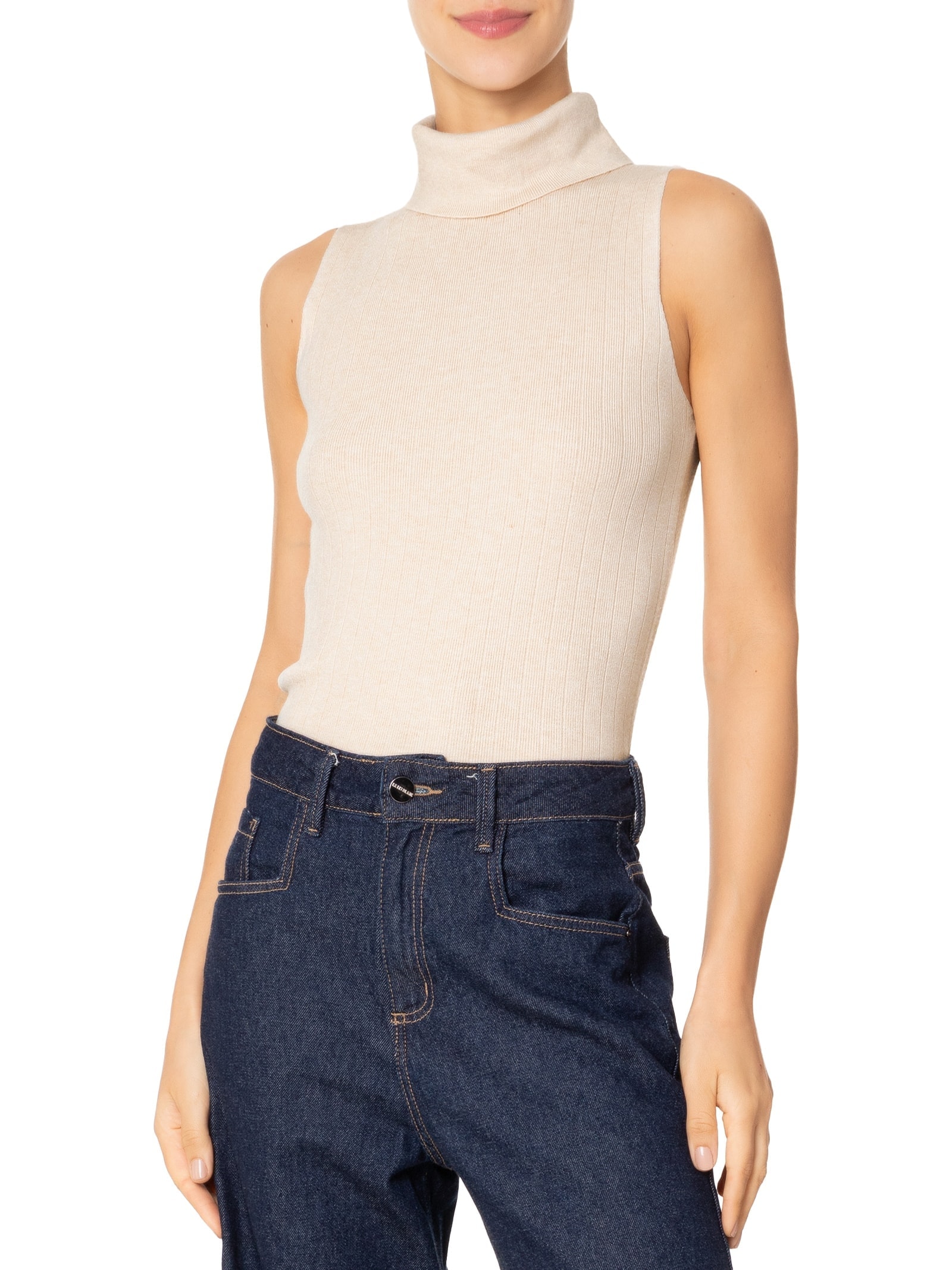 Blusa Feminina Gola Alta Em Tricot Bege '2Essential
