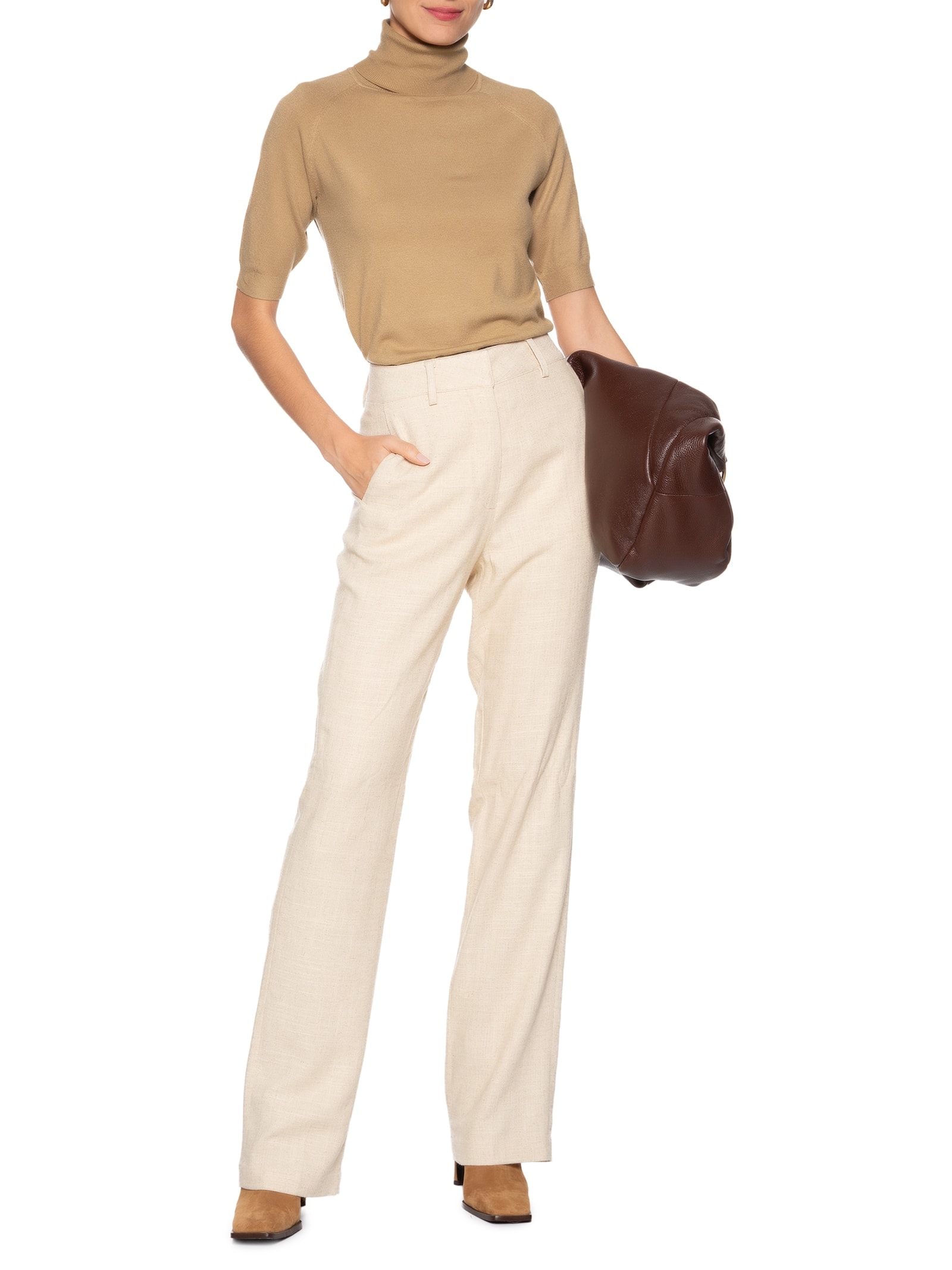 Blusa Feminina Gola Alta Em Tricot Bege '2Essential