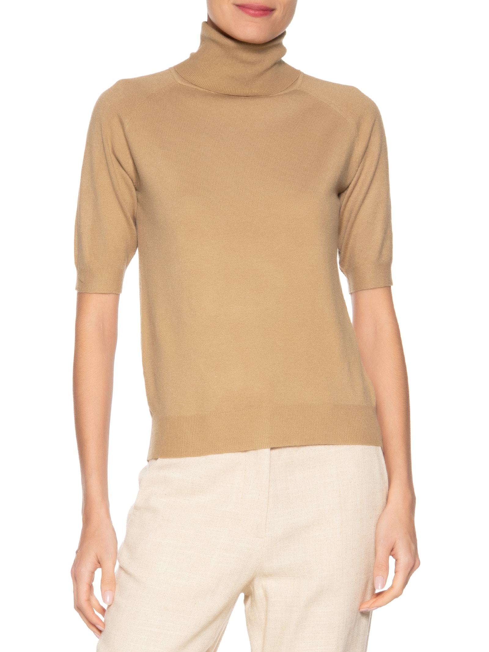 Blusa Feminina Gola Alta Em Tricot Bege '2Essential