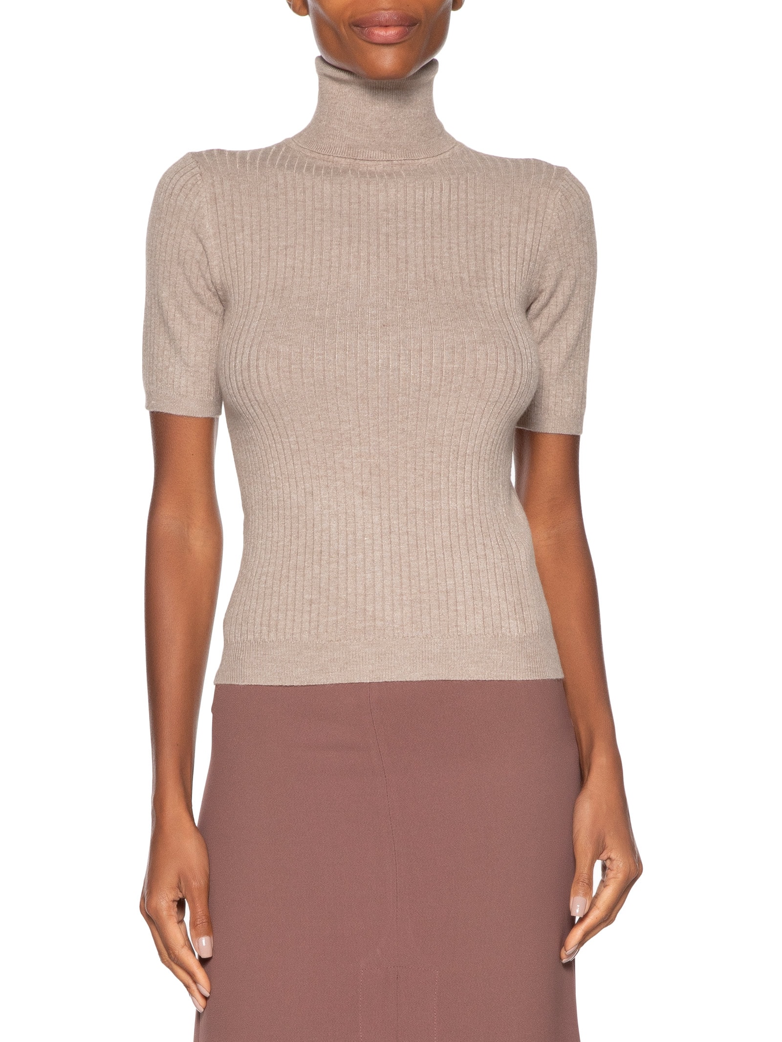 Blusa Feminina Gola Alta Em Tricot Bege '2Essential