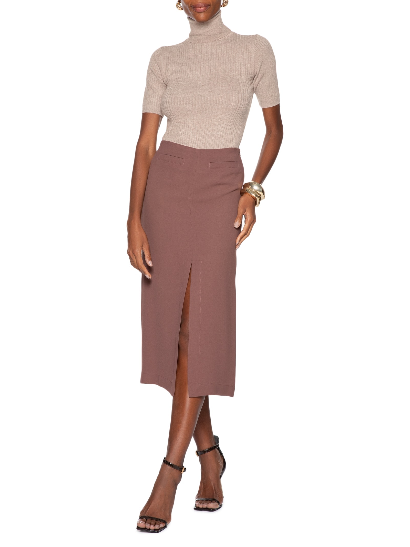 Blusa Feminina Gola Alta Em Tricot Bege '2Essential