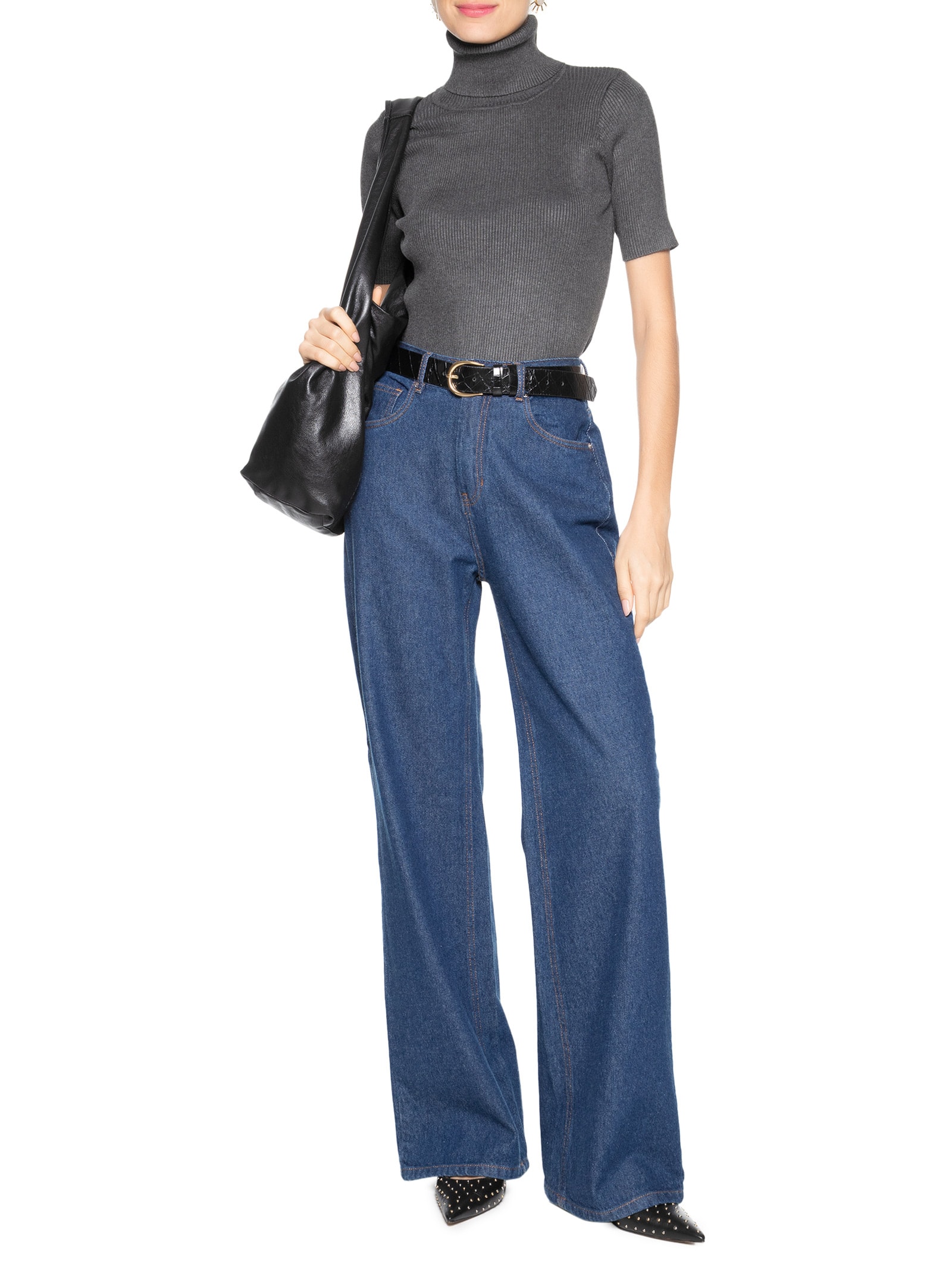 Blusa Feminina Gola Alta em Tricot Cinza '2Essential