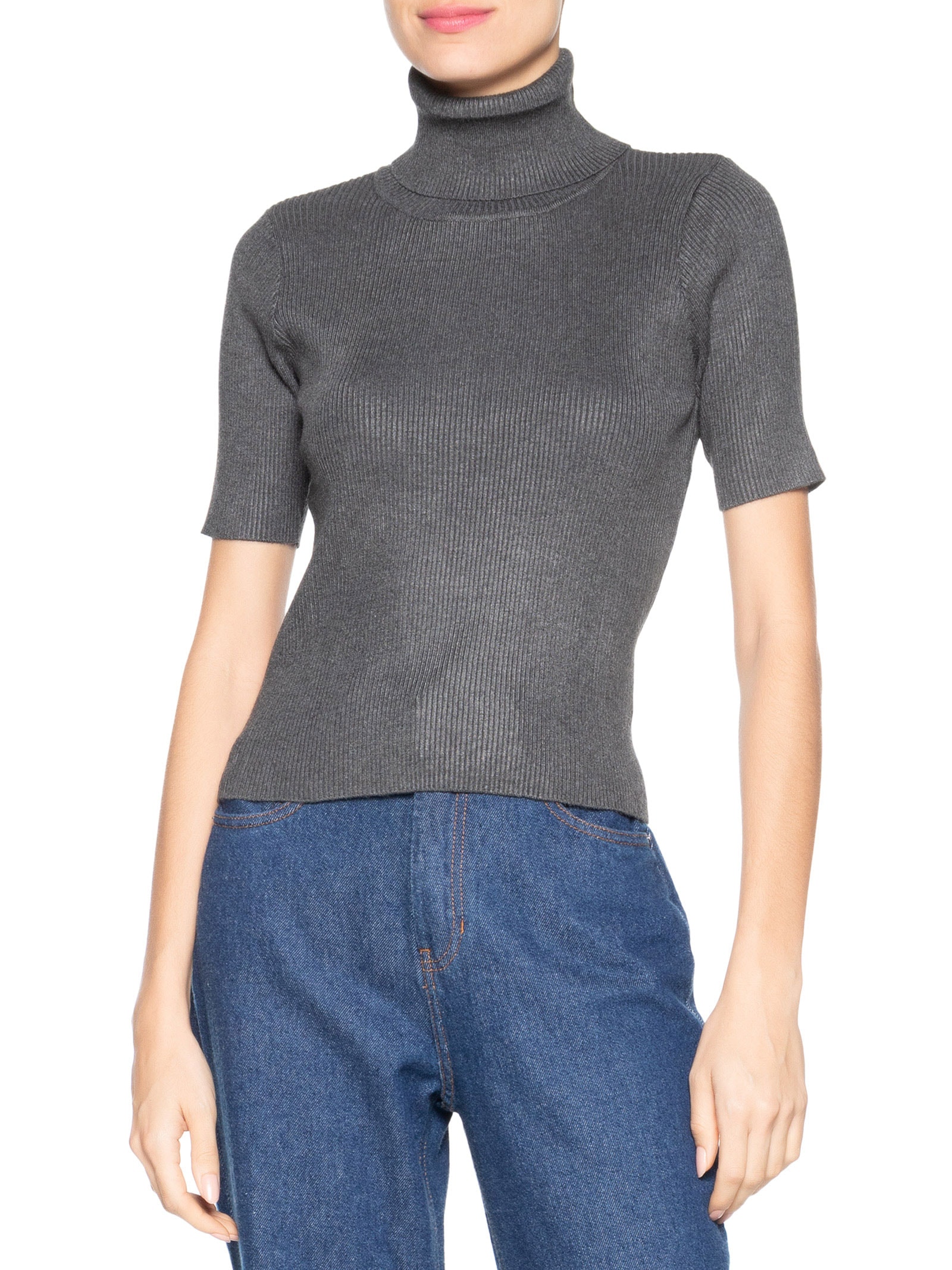 Blusa Feminina Gola Alta em Tricot Cinza '2Essential