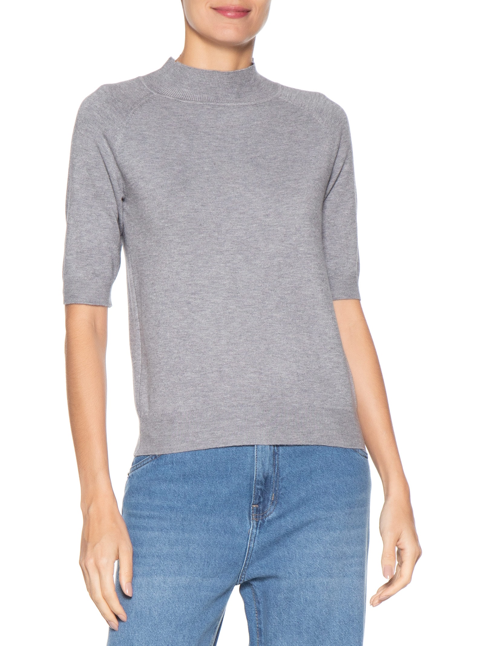 Blusa Feminina Gola Alta Em Tricot Cinza '2Essential