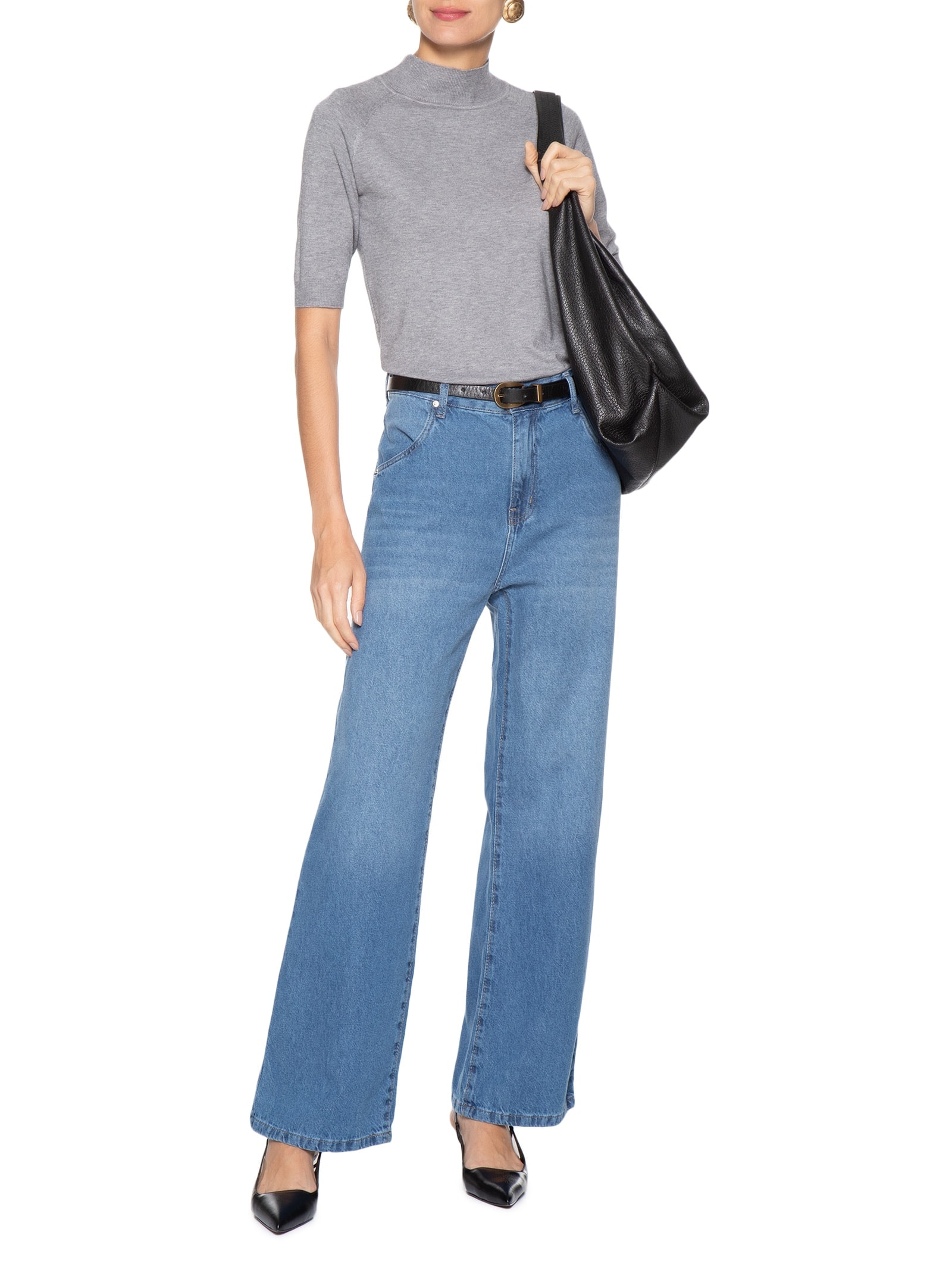 Blusa Feminina Gola Alta Em Tricot Cinza '2Essential
