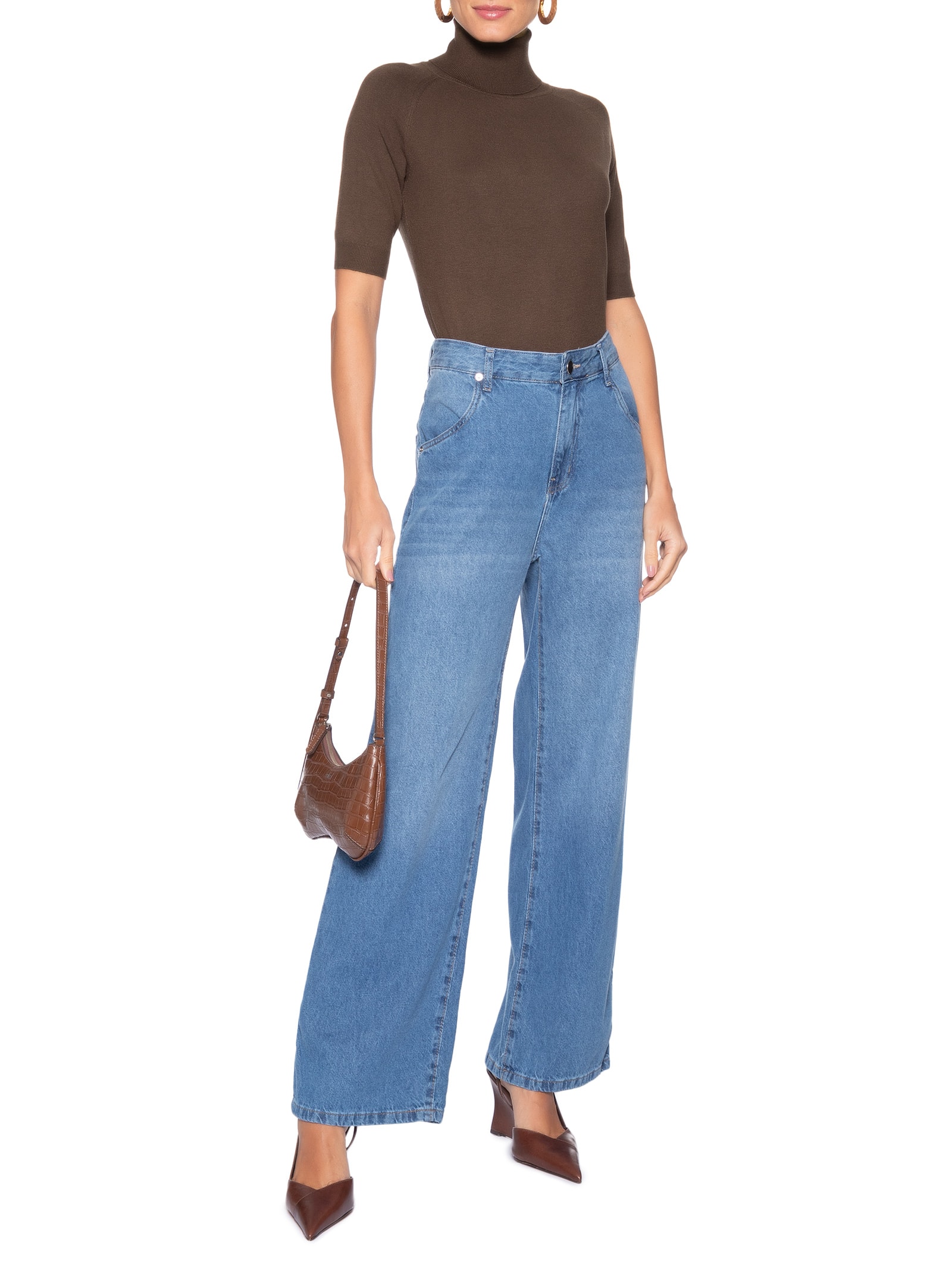 Blusa Feminina Gola Alta Em Tricot Marrom '2Essential