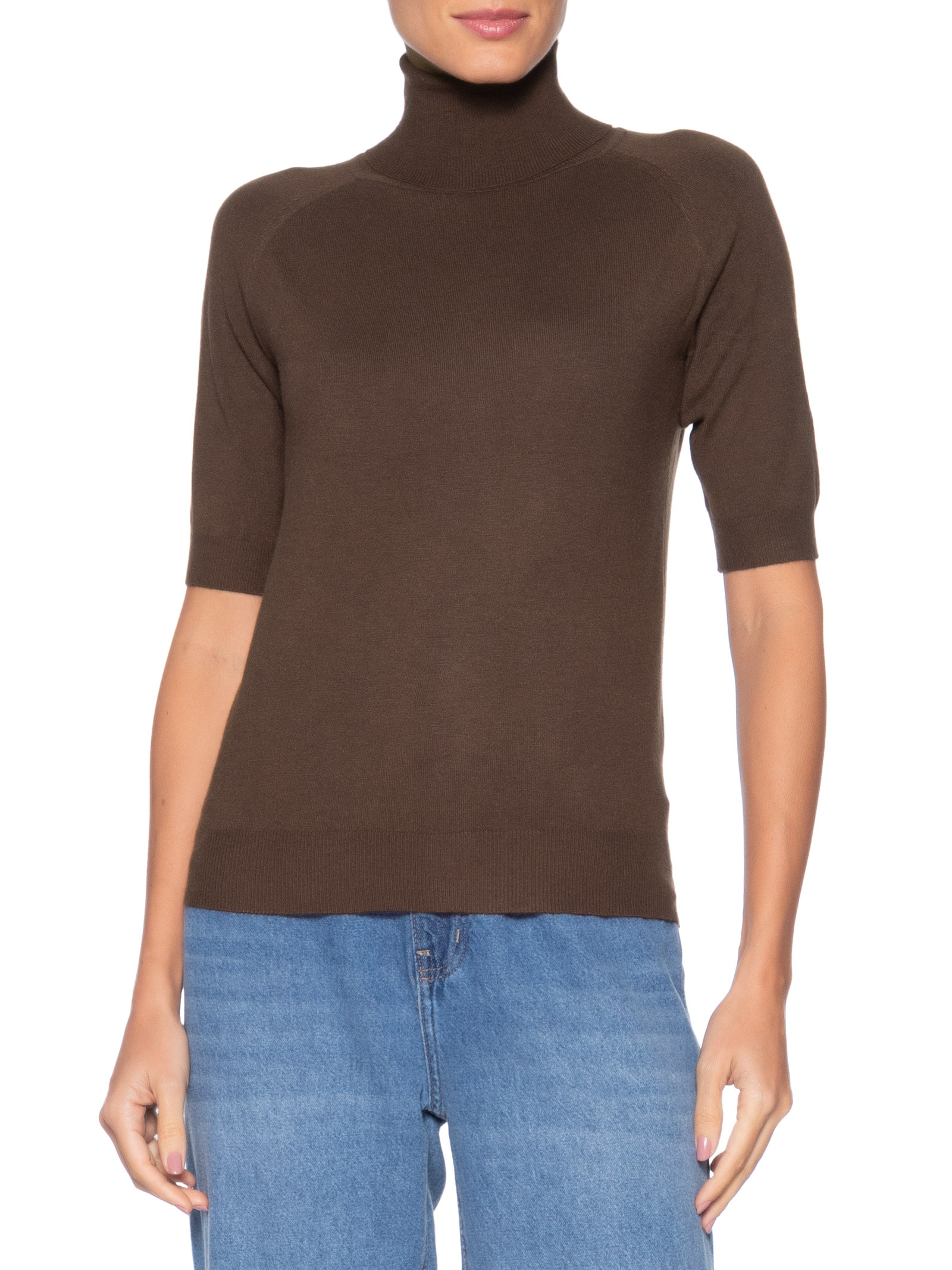 Blusa Feminina Gola Alta Em Tricot Marrom '2Essential