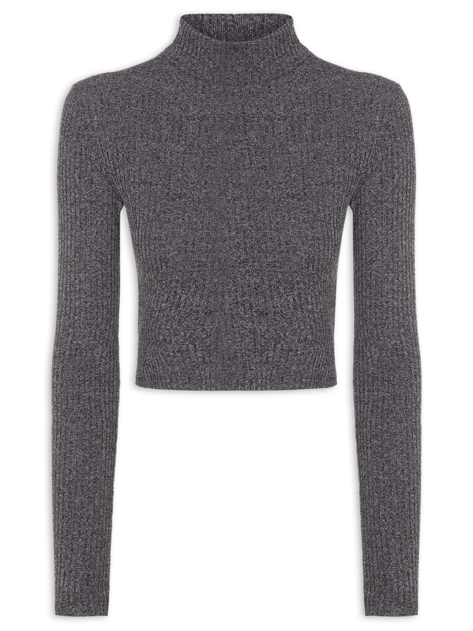 Blusa Feminina Gola Alta Manga Longa Mescla Cinza Animale