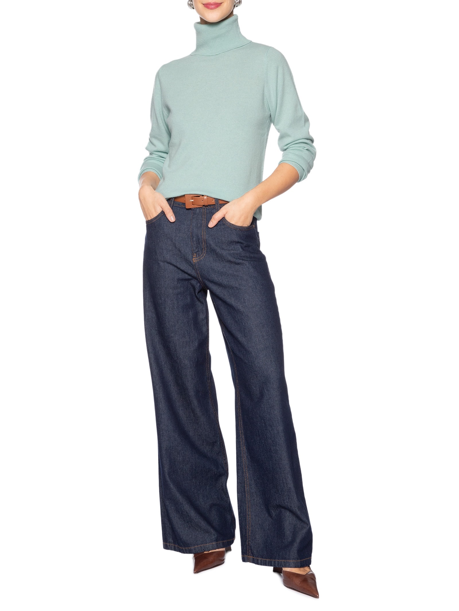 Blusa Feminina Gola Alta Puro Cashmere Azul '2Essential