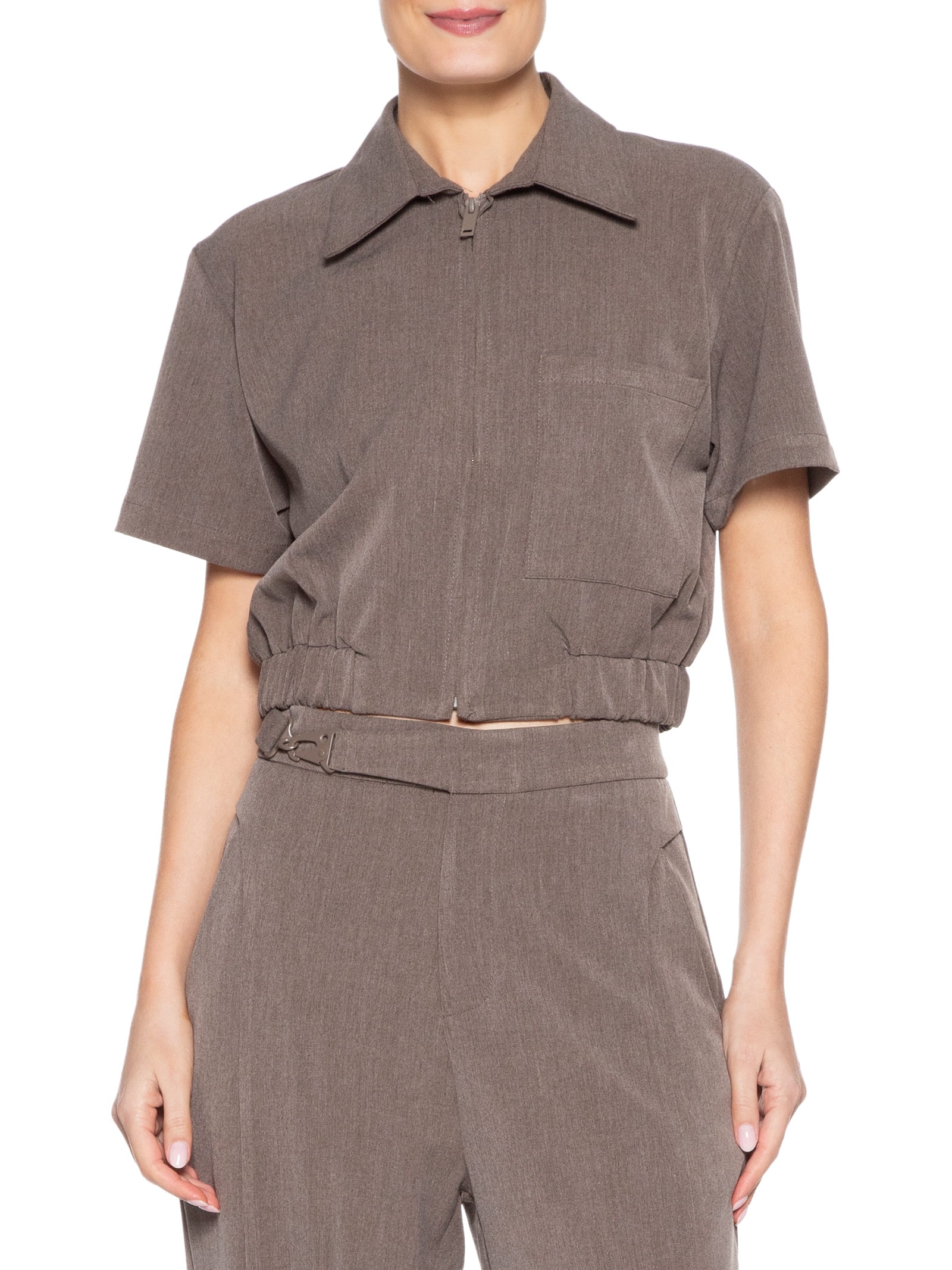 Blusa Feminina Gola Polo Curta Cinza '2Essential