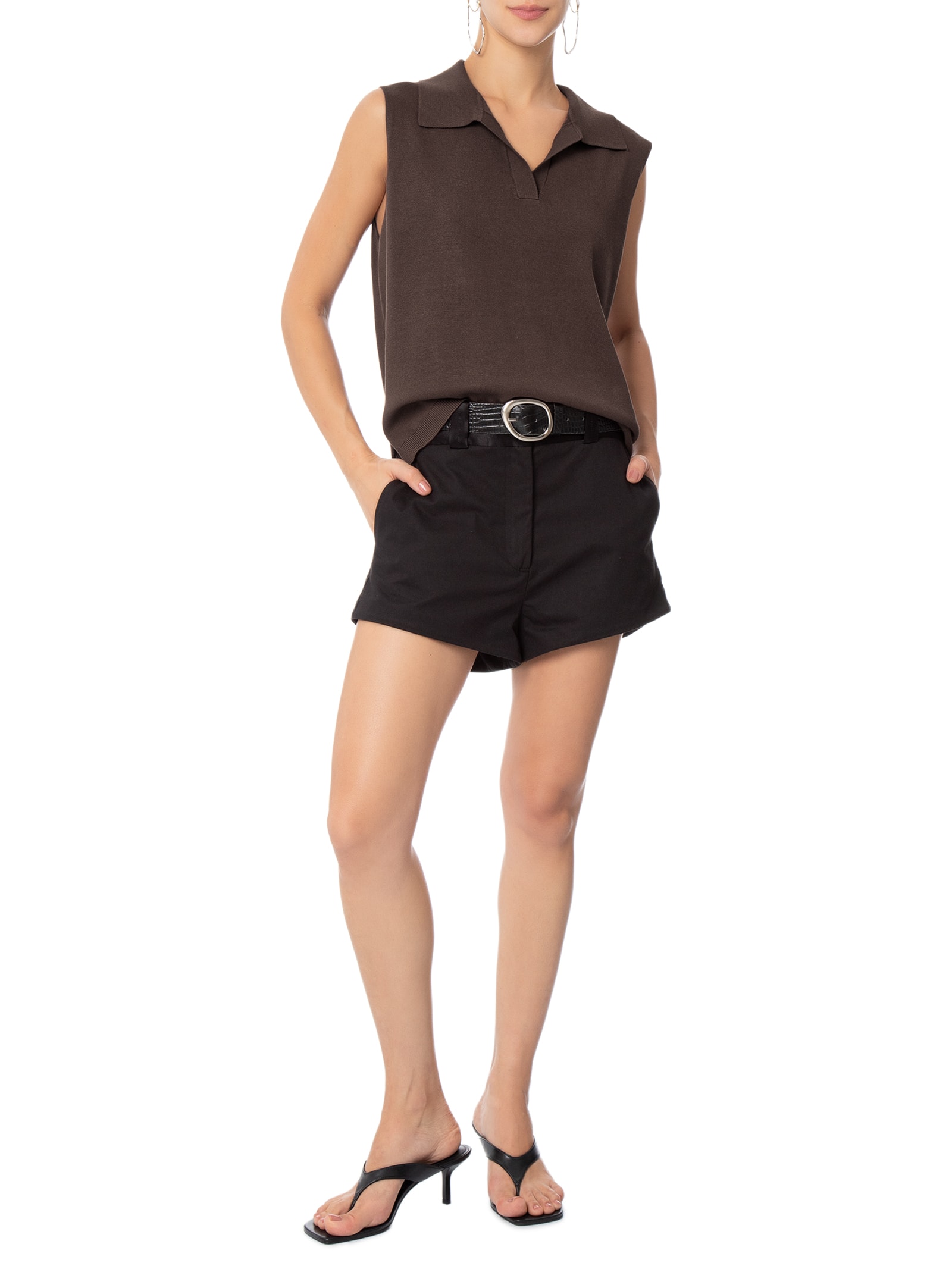 Blusa Feminina Gola Polo em Tricot Marrom '2Essential
