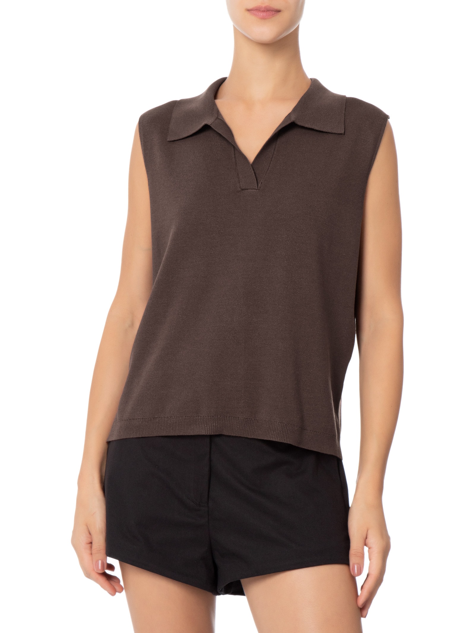 Blusa Feminina Gola Polo em Tricot Marrom '2Essential