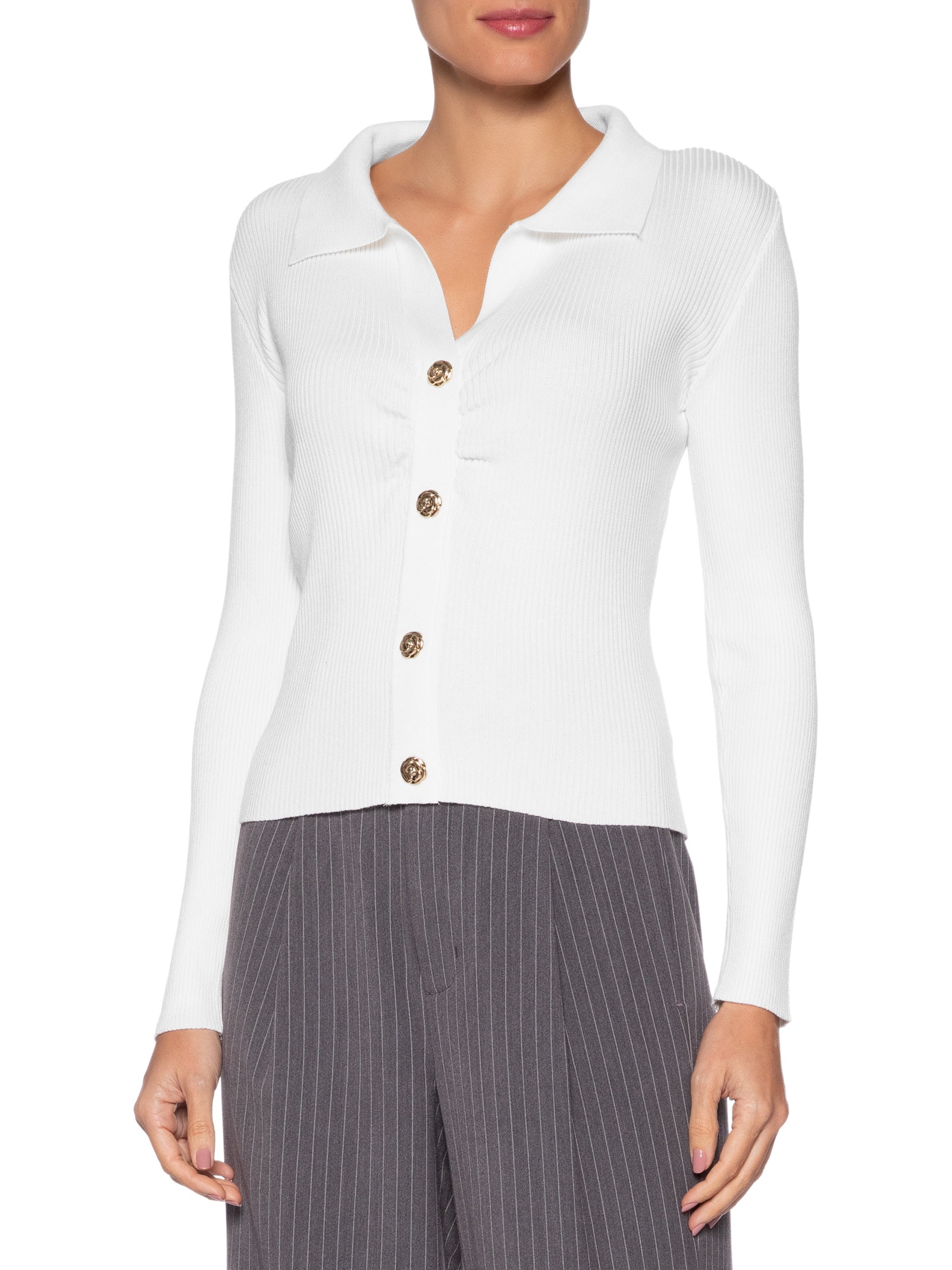 Blusa Feminina Gola Polo em Tricot – Branco '2Essential