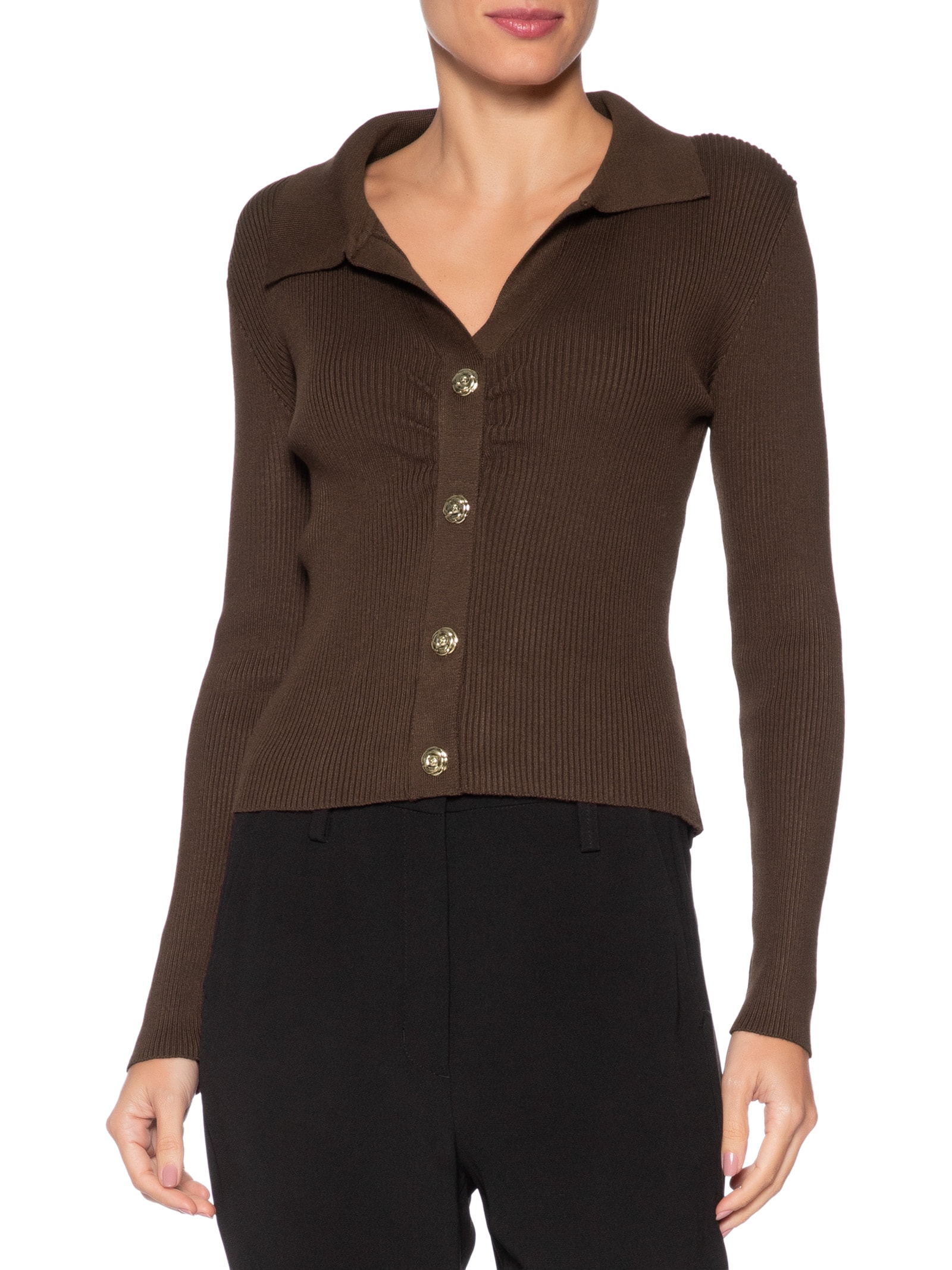 Blusa Feminina Gola Polo em Tricot – Marrom '2Essential