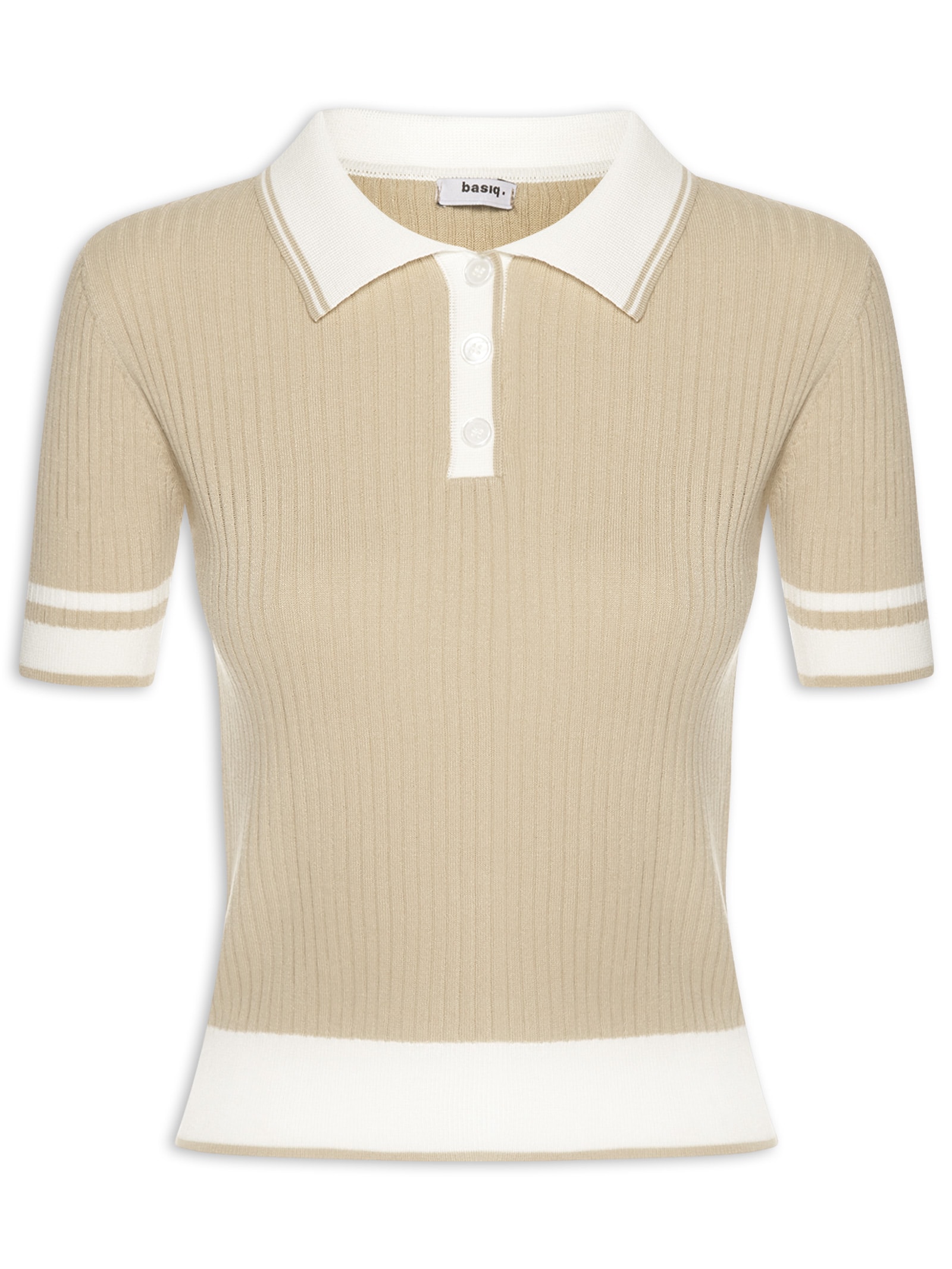 Blusa Feminina Gola Polo Manga Curta Tricot Bicolor Bege Basiq