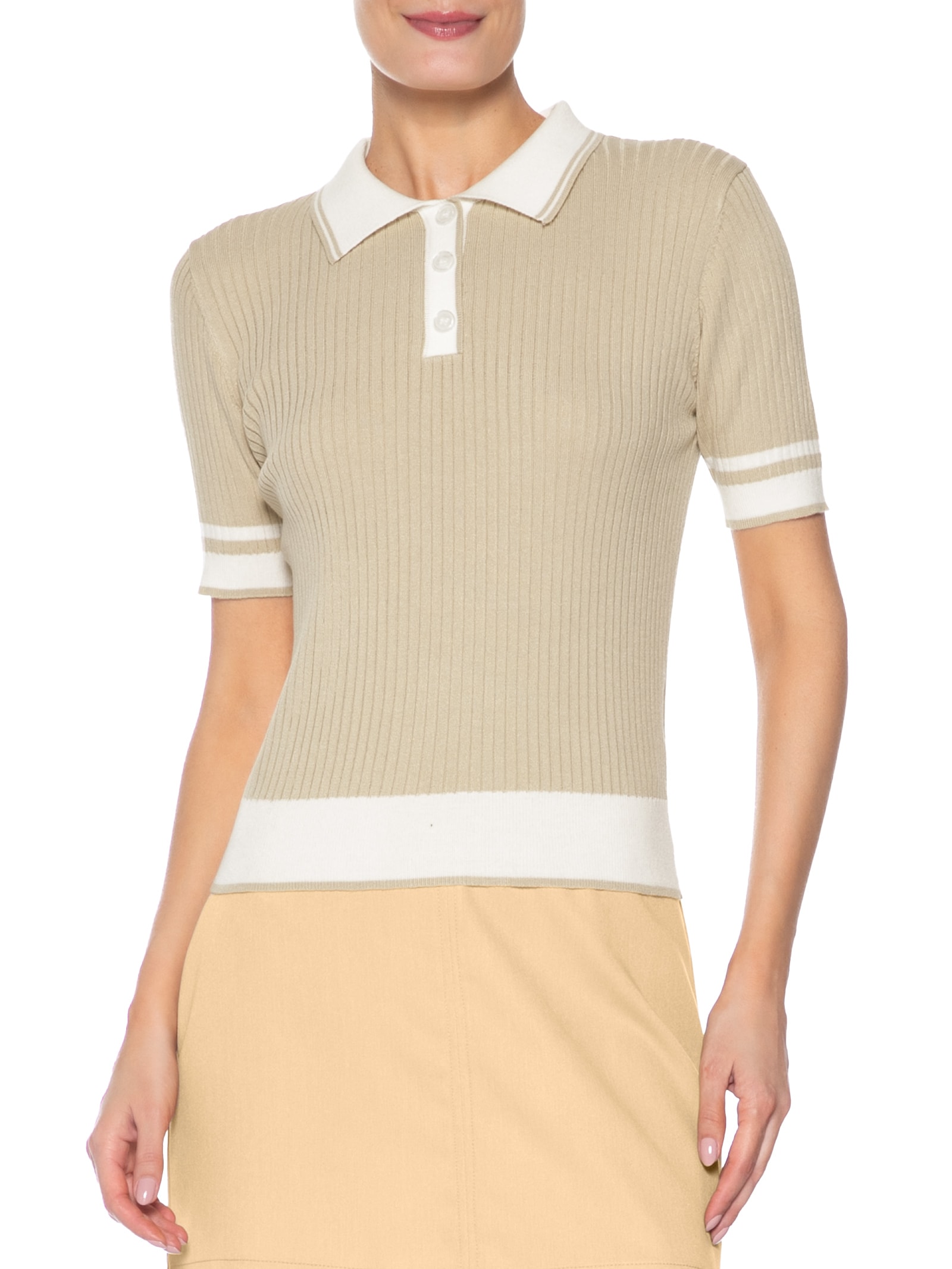 Blusa Feminina Gola Polo Manga Curta Tricot Bicolor Bege Basiq
