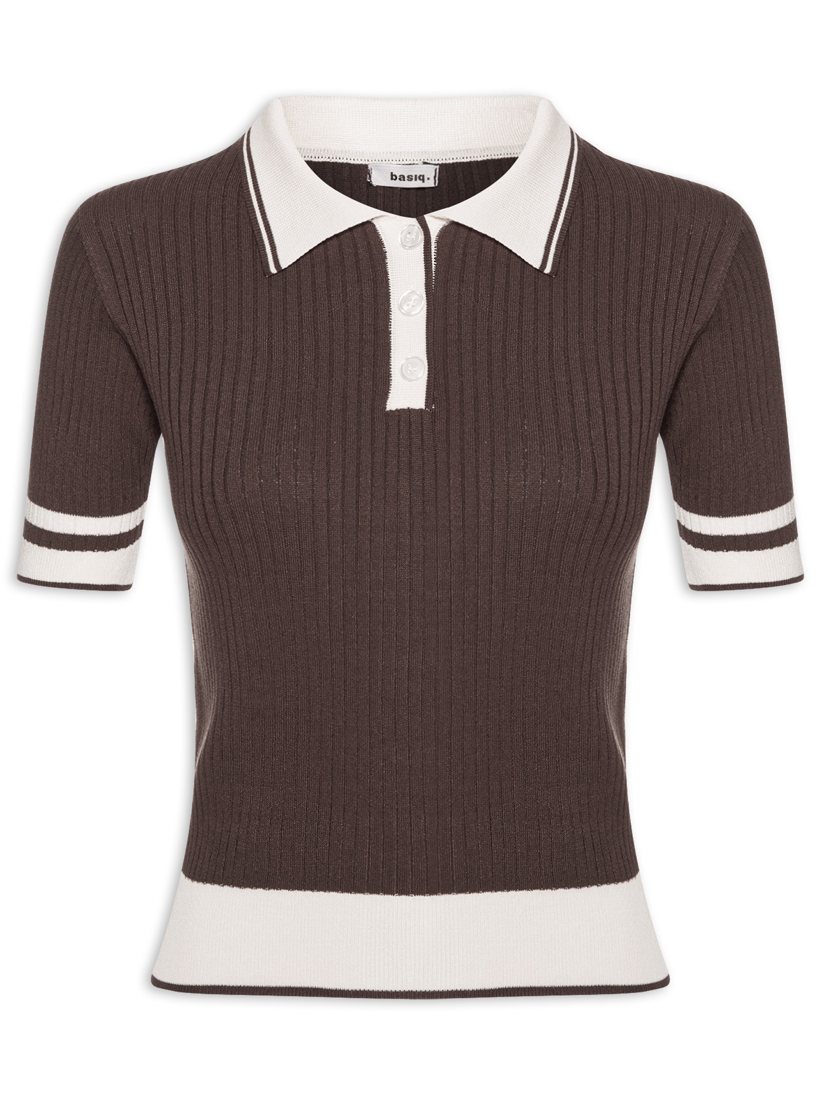 Blusa Feminina Gola Polo Manga Curta Tricot Bicolor Marrom Basiq