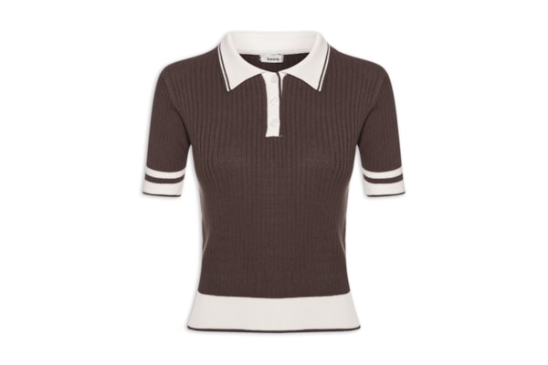 Blusa Feminina Gola Polo Manga Curta Tricot Bicolor - Marrom