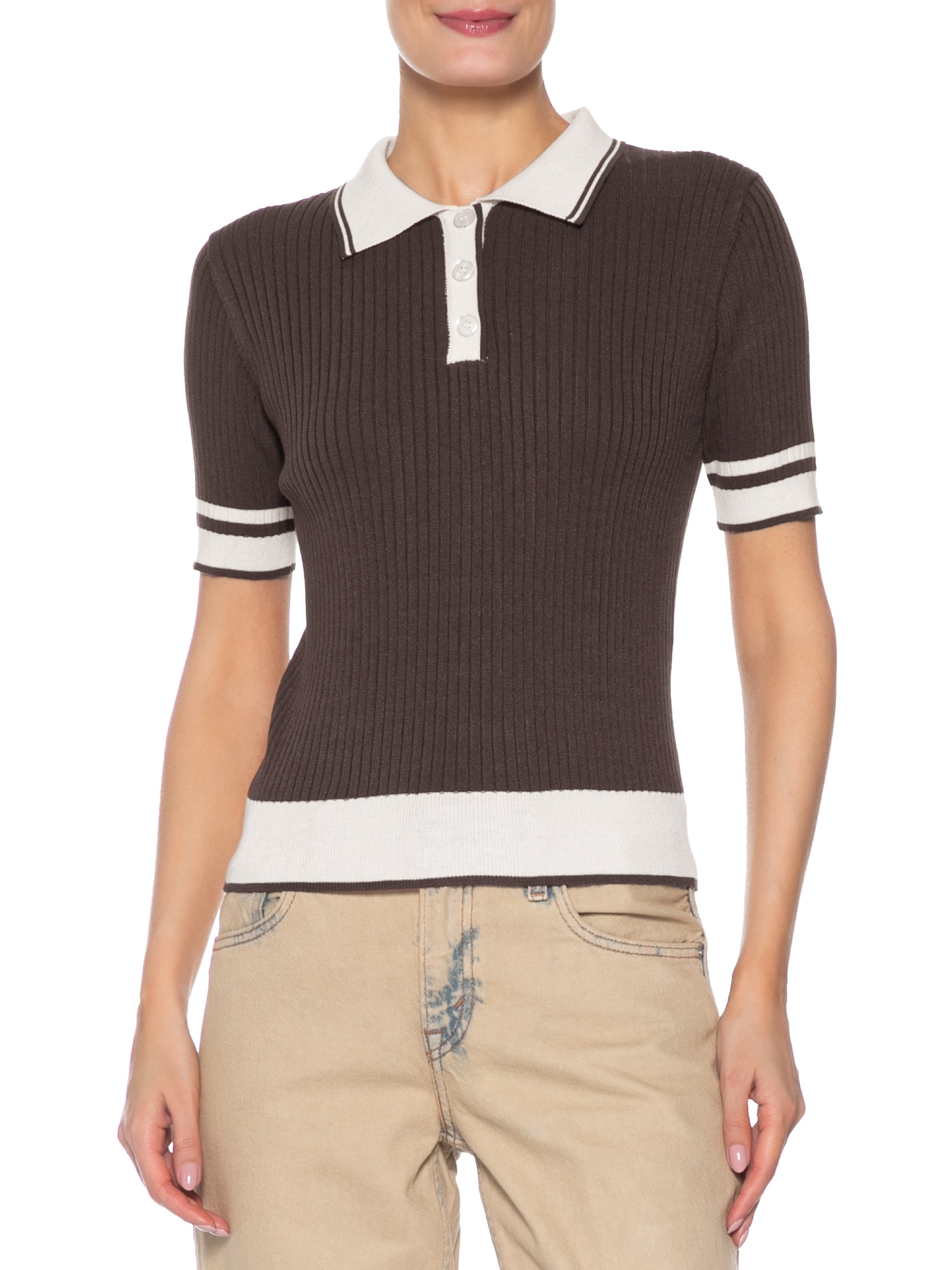 Blusa Feminina Gola Polo Manga Curta Tricot Bicolor Marrom Basiq