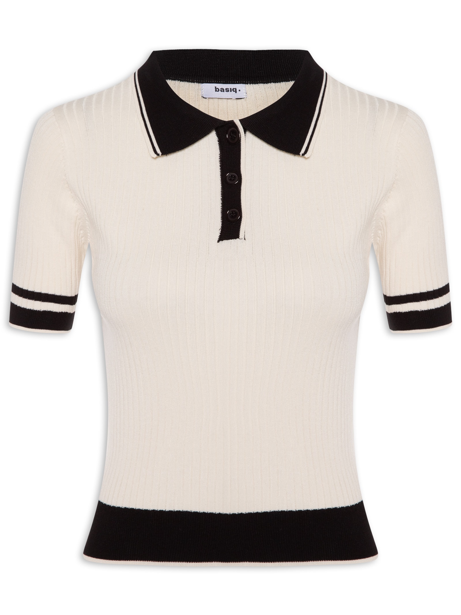 Blusa Feminina Gola Polo Manga Curta Tricot Bicolor Off White Basiq
