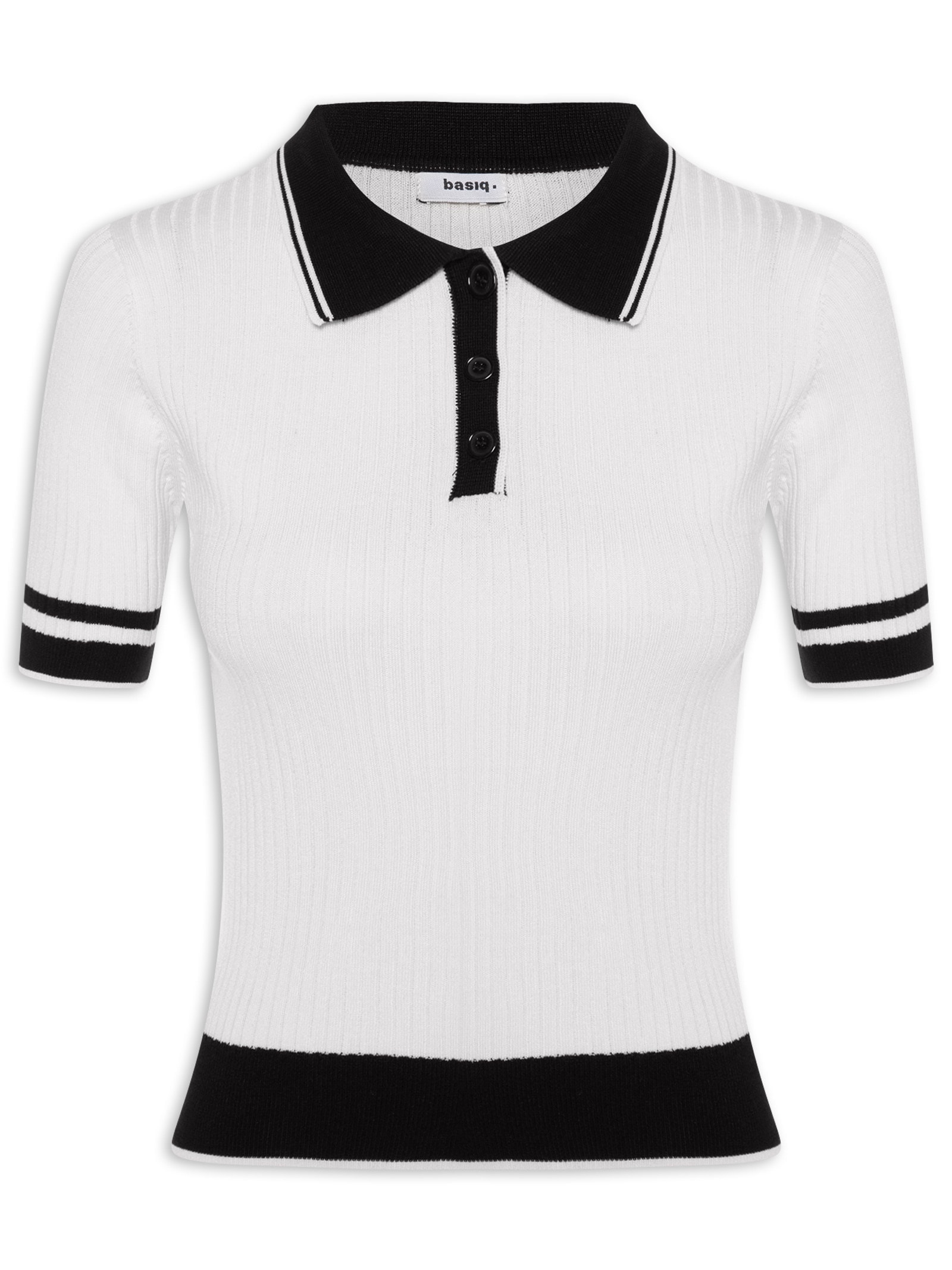 Blusa Feminina Gola Polo Manga Curta Tricot Bicolor Off White Basiq