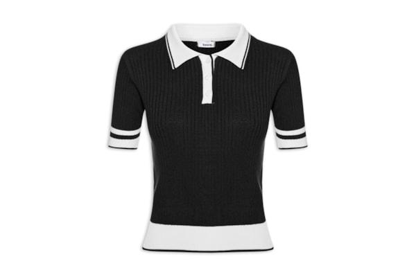 Blusa Feminina Gola Polo Manga Curta Tricot Bicolor - Preto