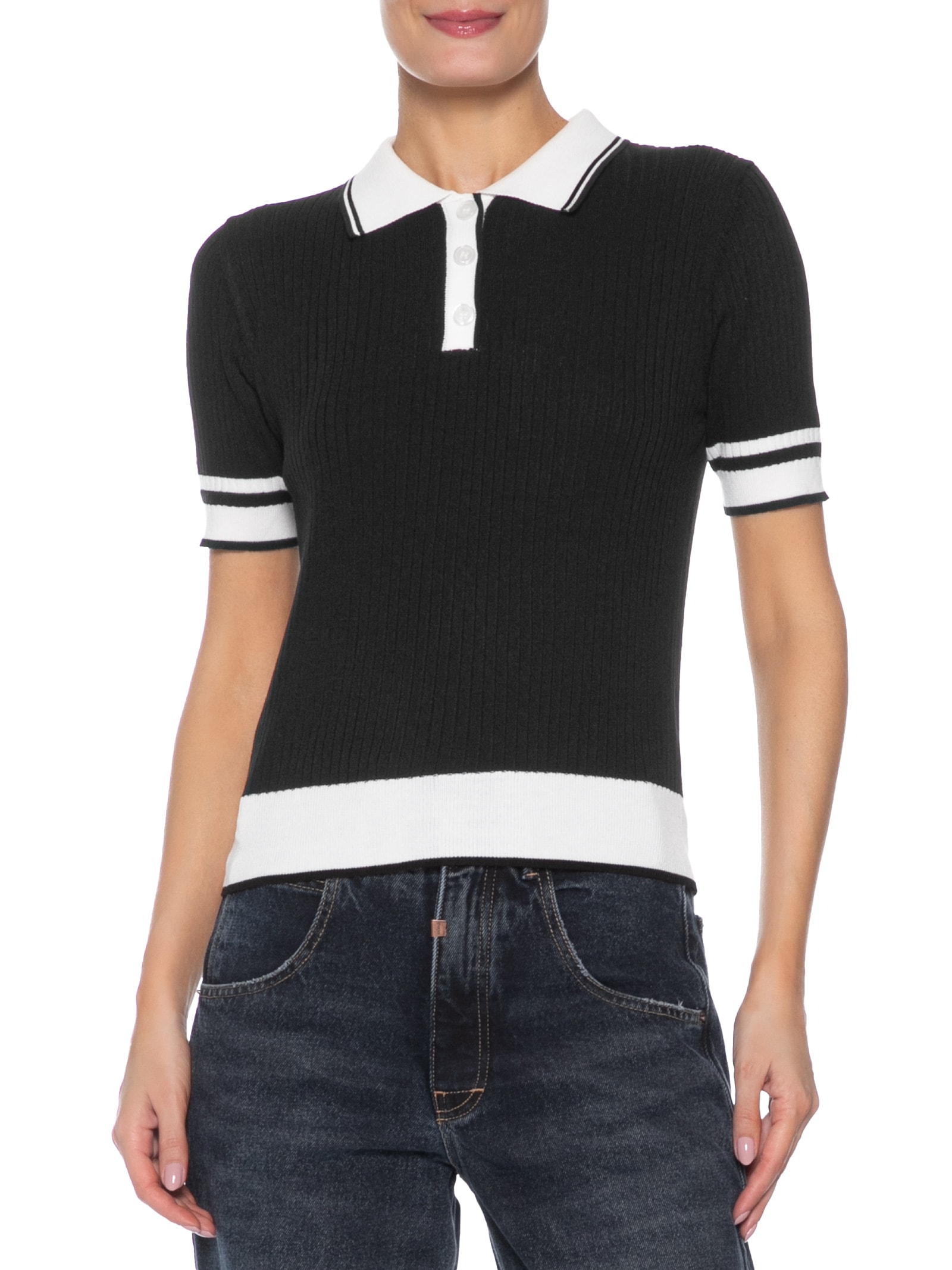 Blusa Feminina Gola Polo Manga Curta Tricot Bicolor Preto Basiq