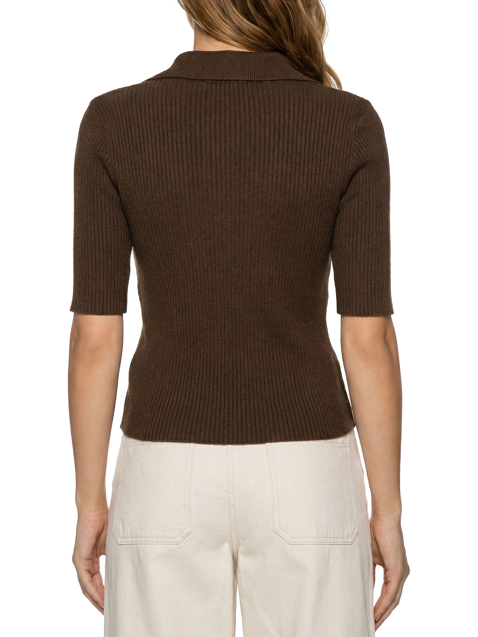 Blusa Feminina Gola Polo Tricot Decote V Marrom Cantão