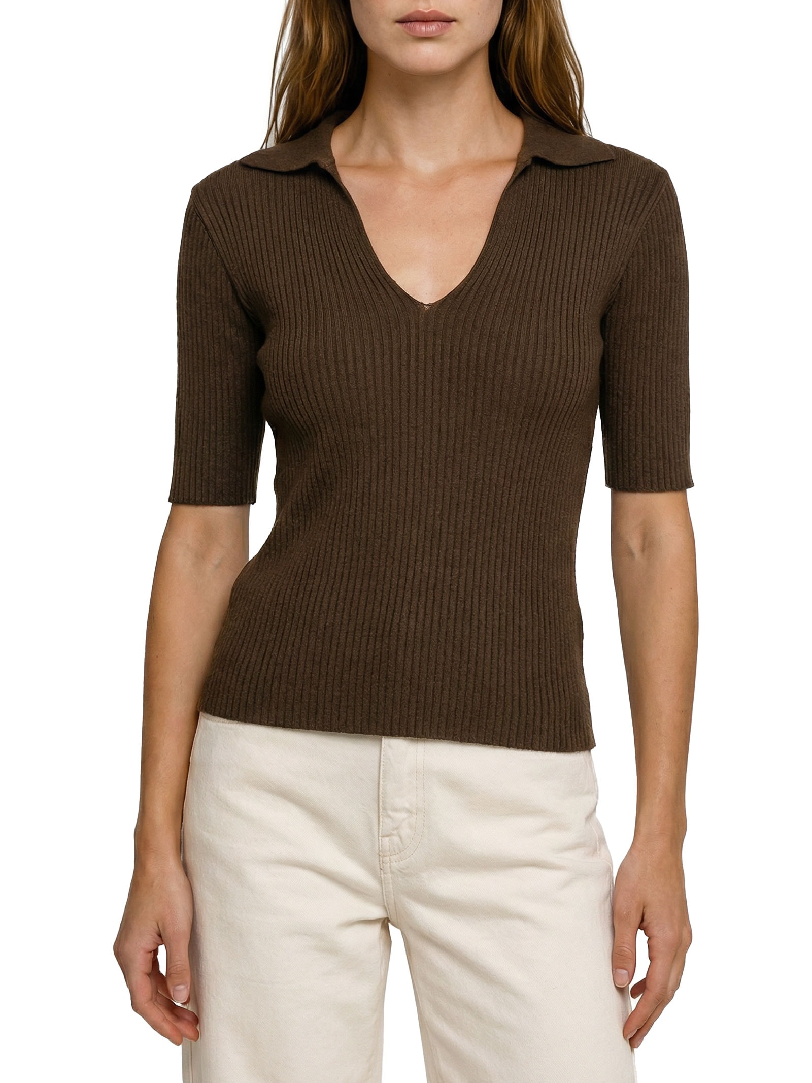 Blusa Feminina Gola Polo Tricot Decote V Marrom Cantão