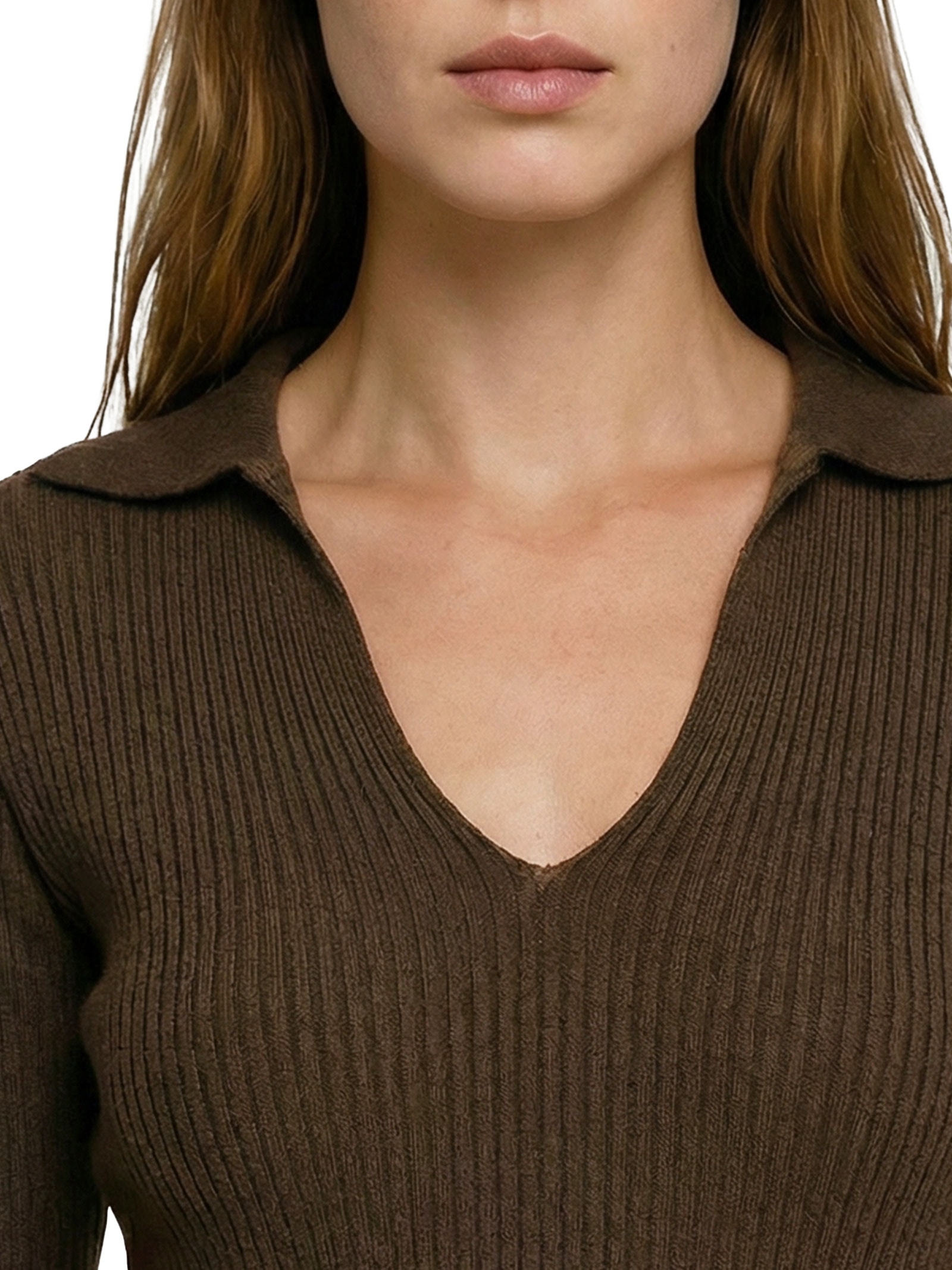 Blusa Feminina Gola Polo Tricot Decote V Marrom Cantão