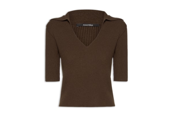 Blusa Feminina Gola Polo Tricot Decote V - Marrom