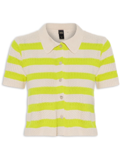 Blusa Feminina Gola Polo Tricot Listras - Verde