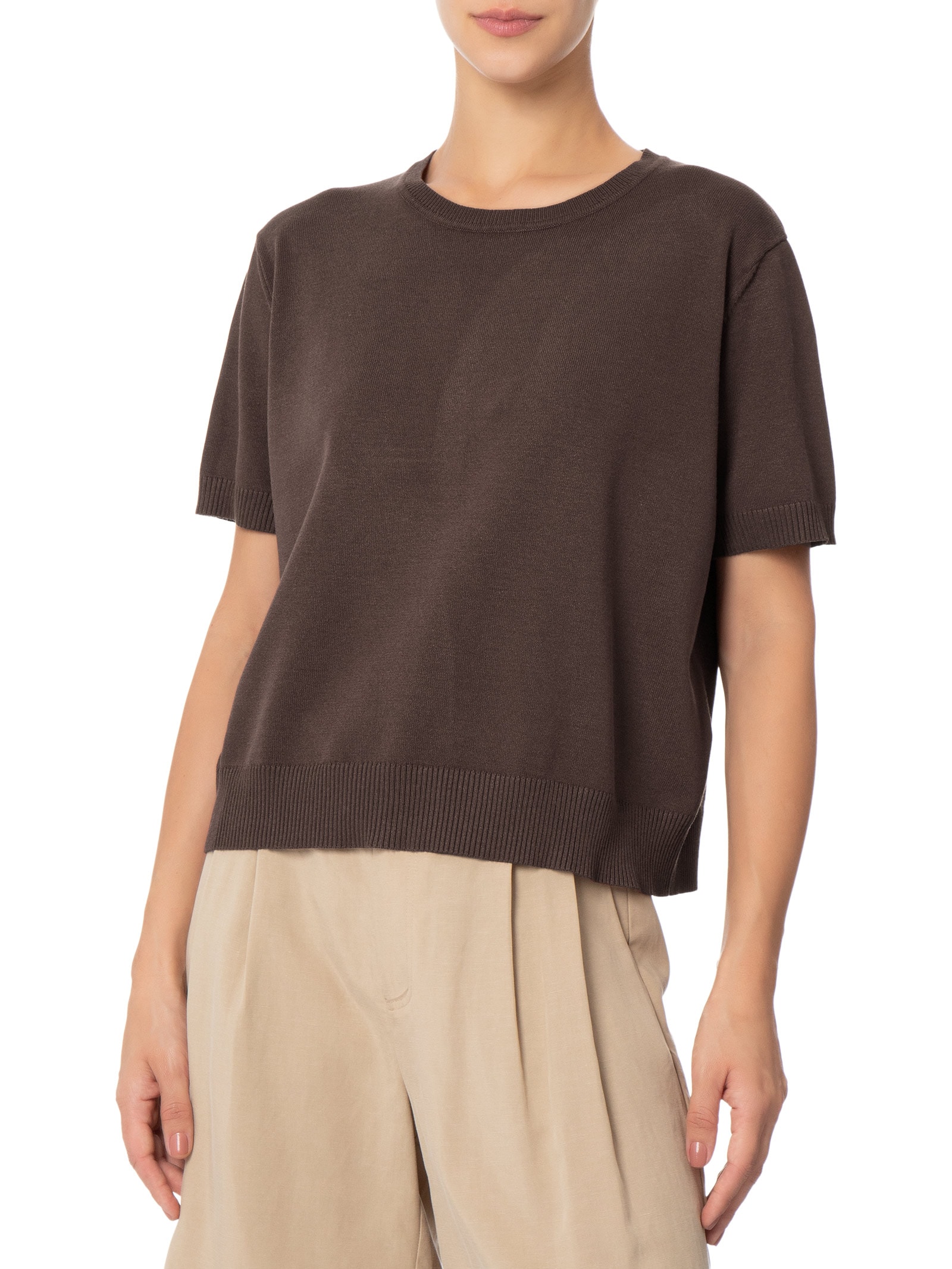 Blusa Feminina Gola Redonda em Tricot Marrom '2Essential