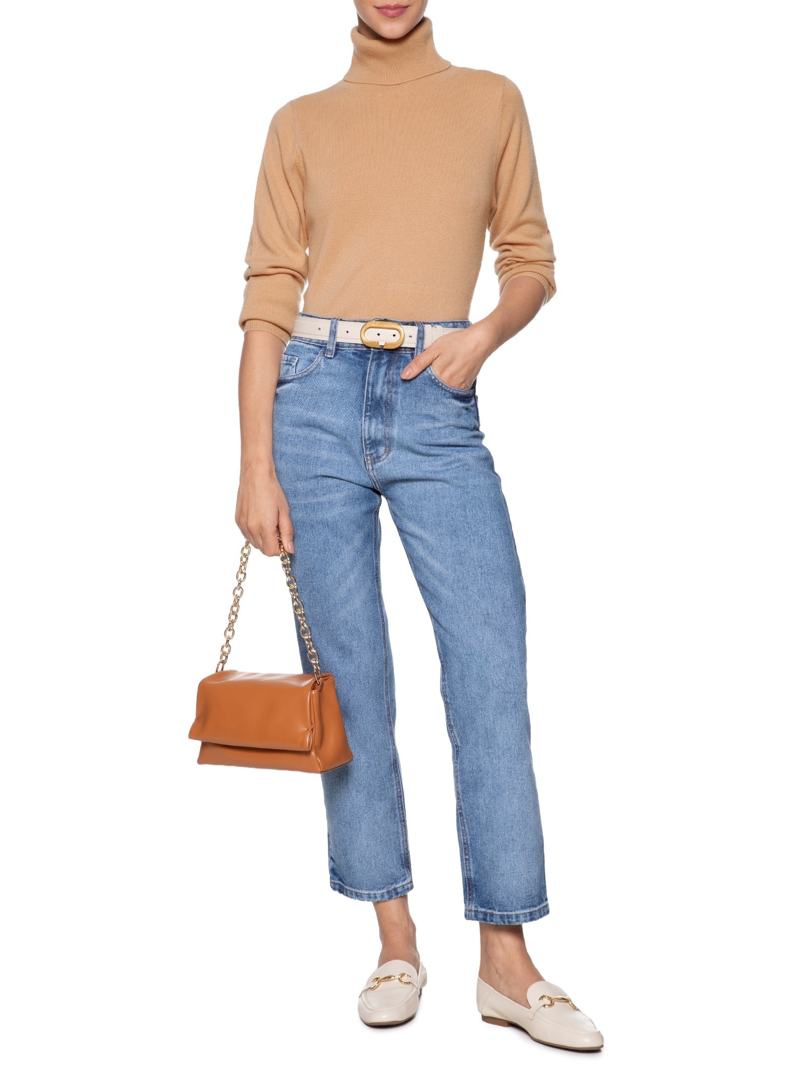 Blusa Feminina Gola Rulê Puro Cashmere Bege '2Essential