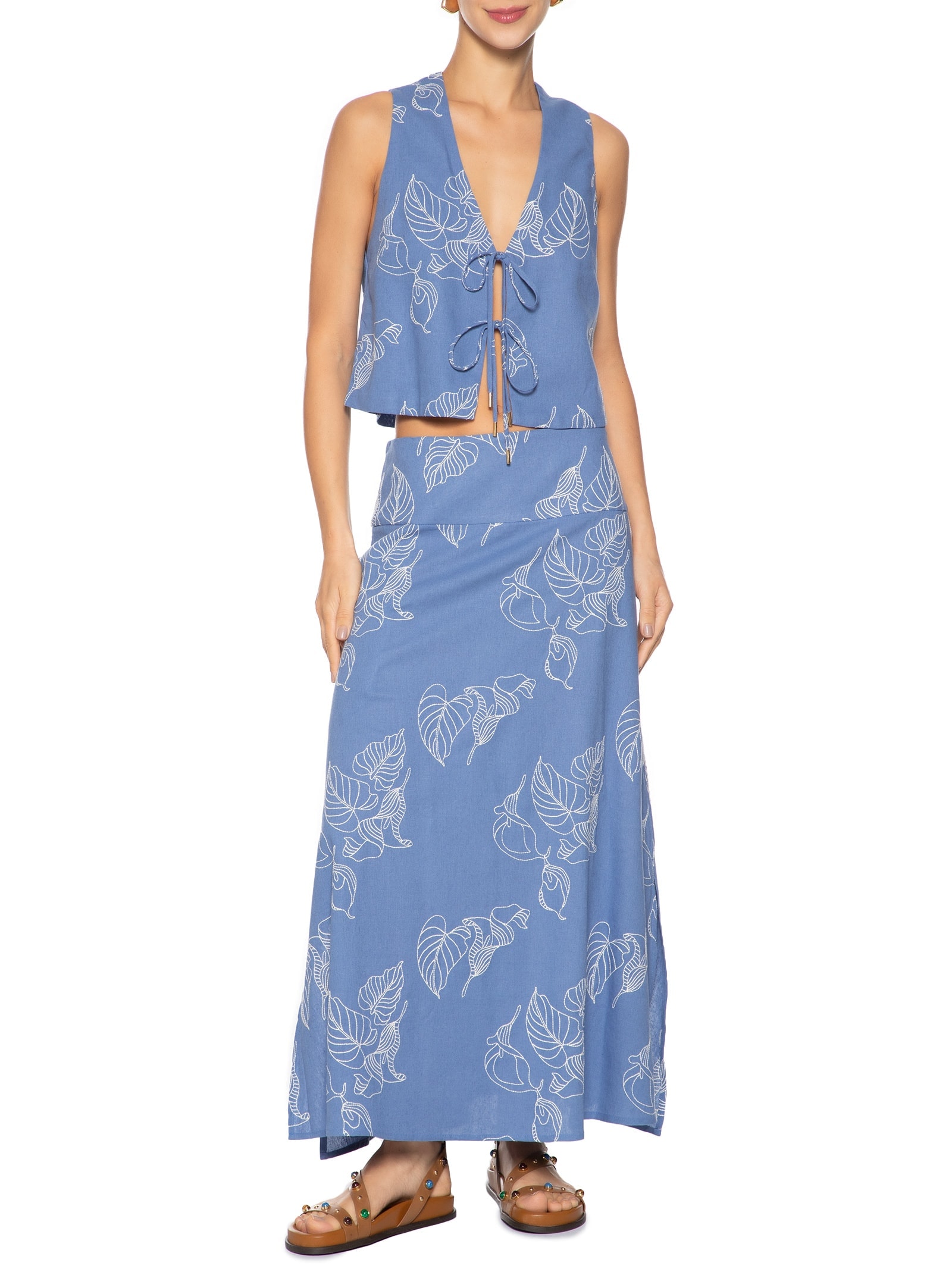 Blusa Feminina Linho Bordado Copo De Leite Azul Dress To