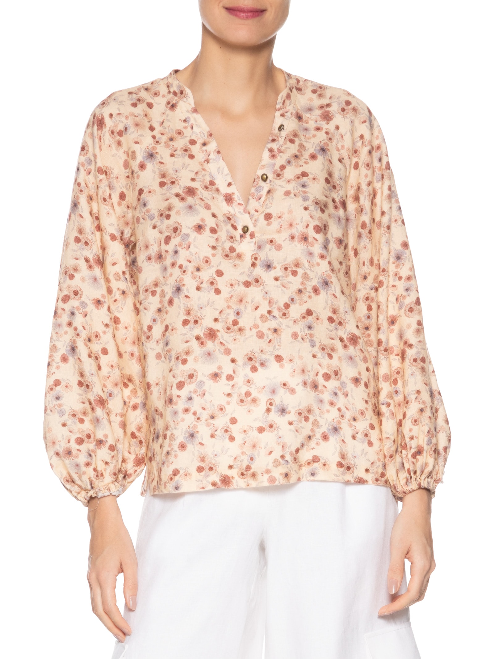 Blusa Feminina Linho Estampa Fleur Mini Bege Maria Filó