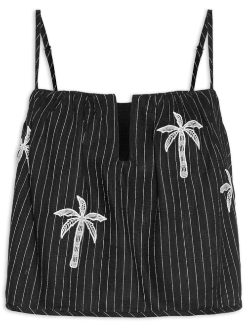 Blusa Feminina Linho Listrado Com Bordado – Preto