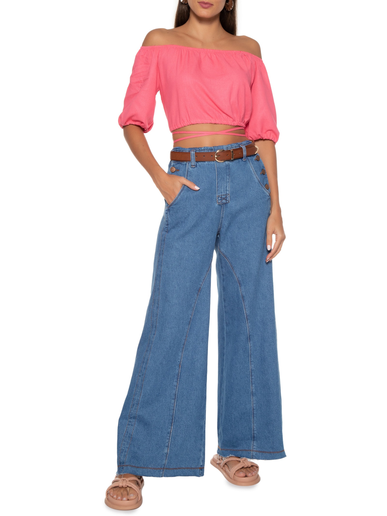 Blusa Feminina Linho Ombro À Ombro Com Amarração Rosa Seiki