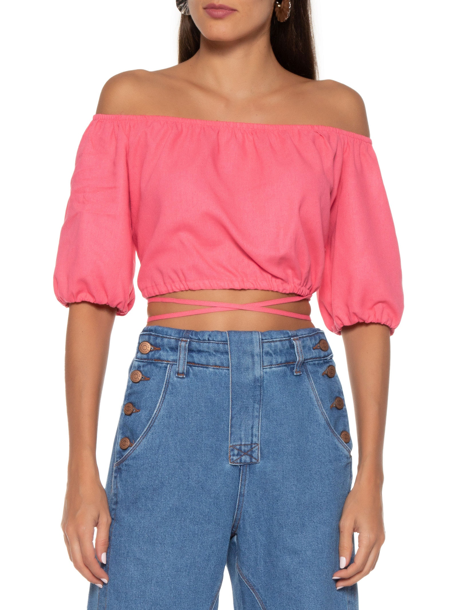 Blusa Feminina Linho Ombro À Ombro Com Amarração Rosa Seiki