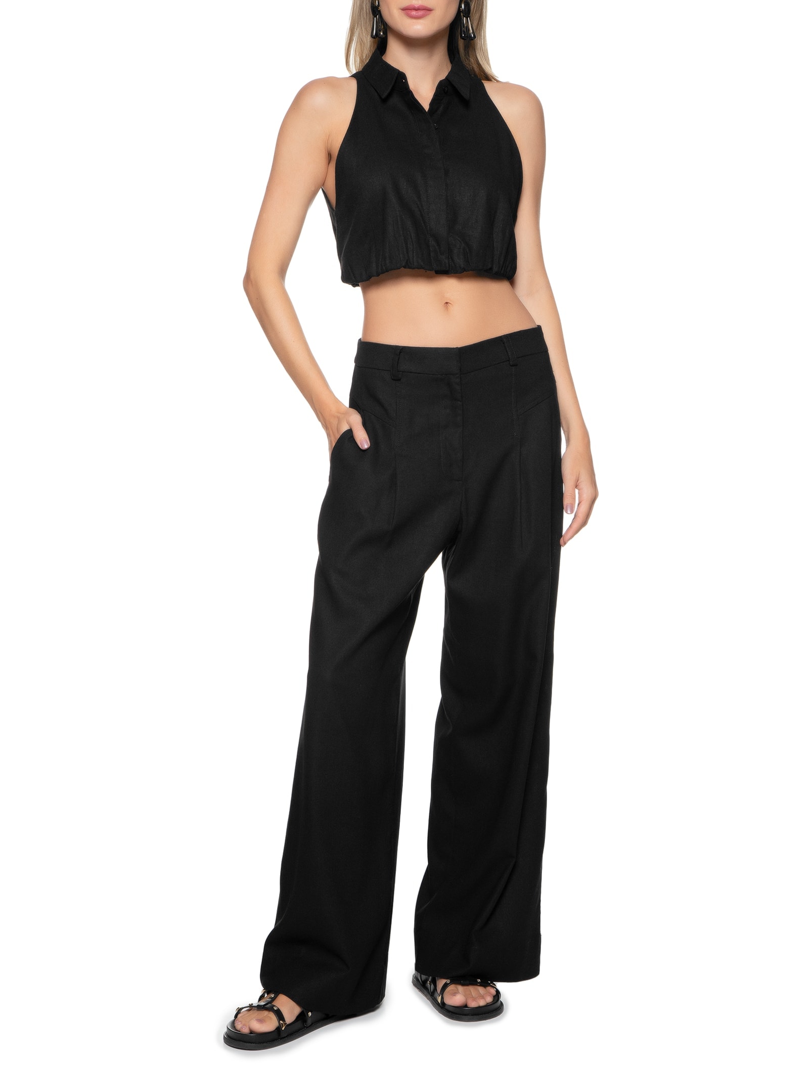 Blusa Feminina Linho Pregas Barra Preto Dress To