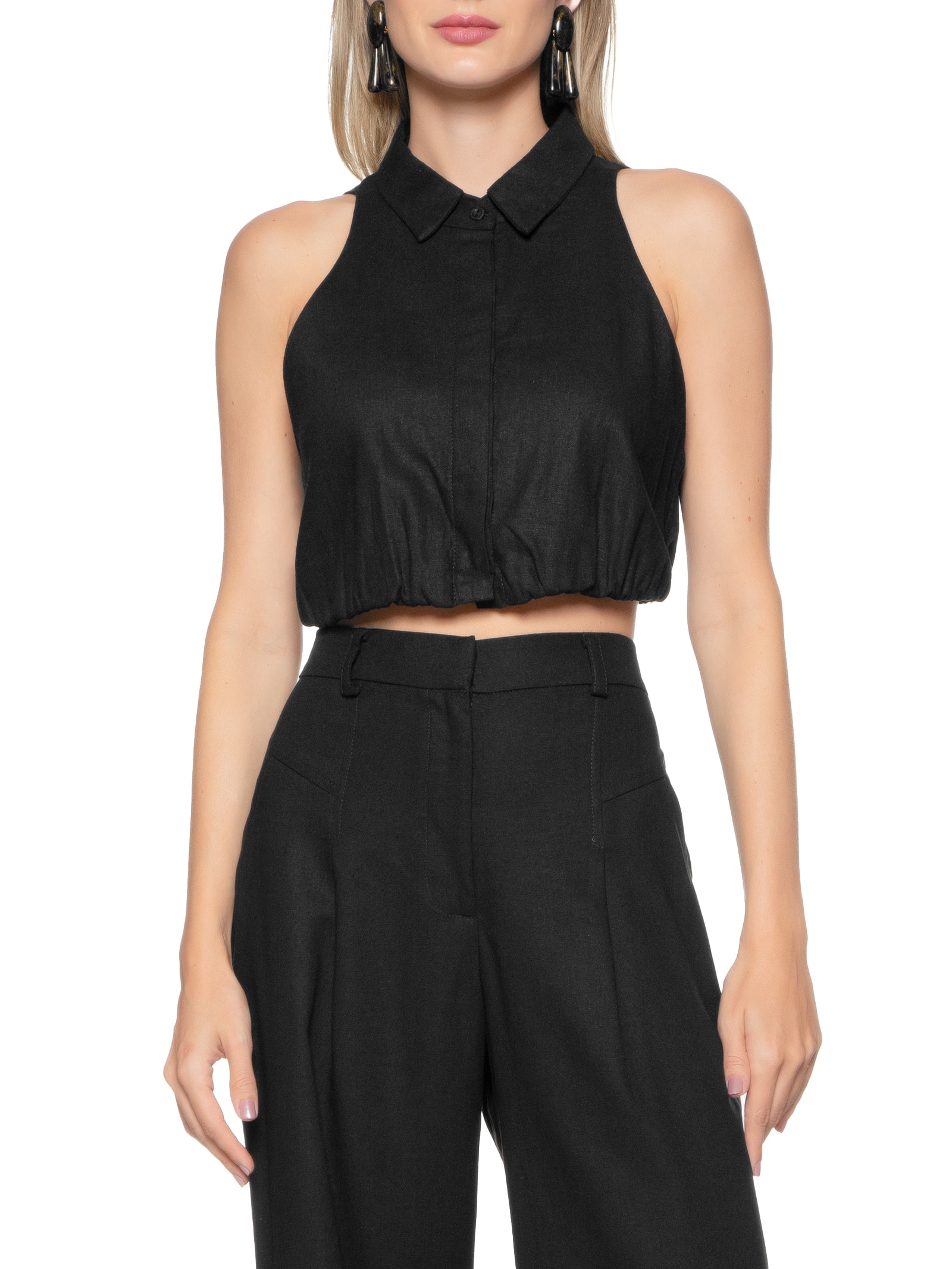 Blusa Feminina Linho Pregas Barra Preto Dress To