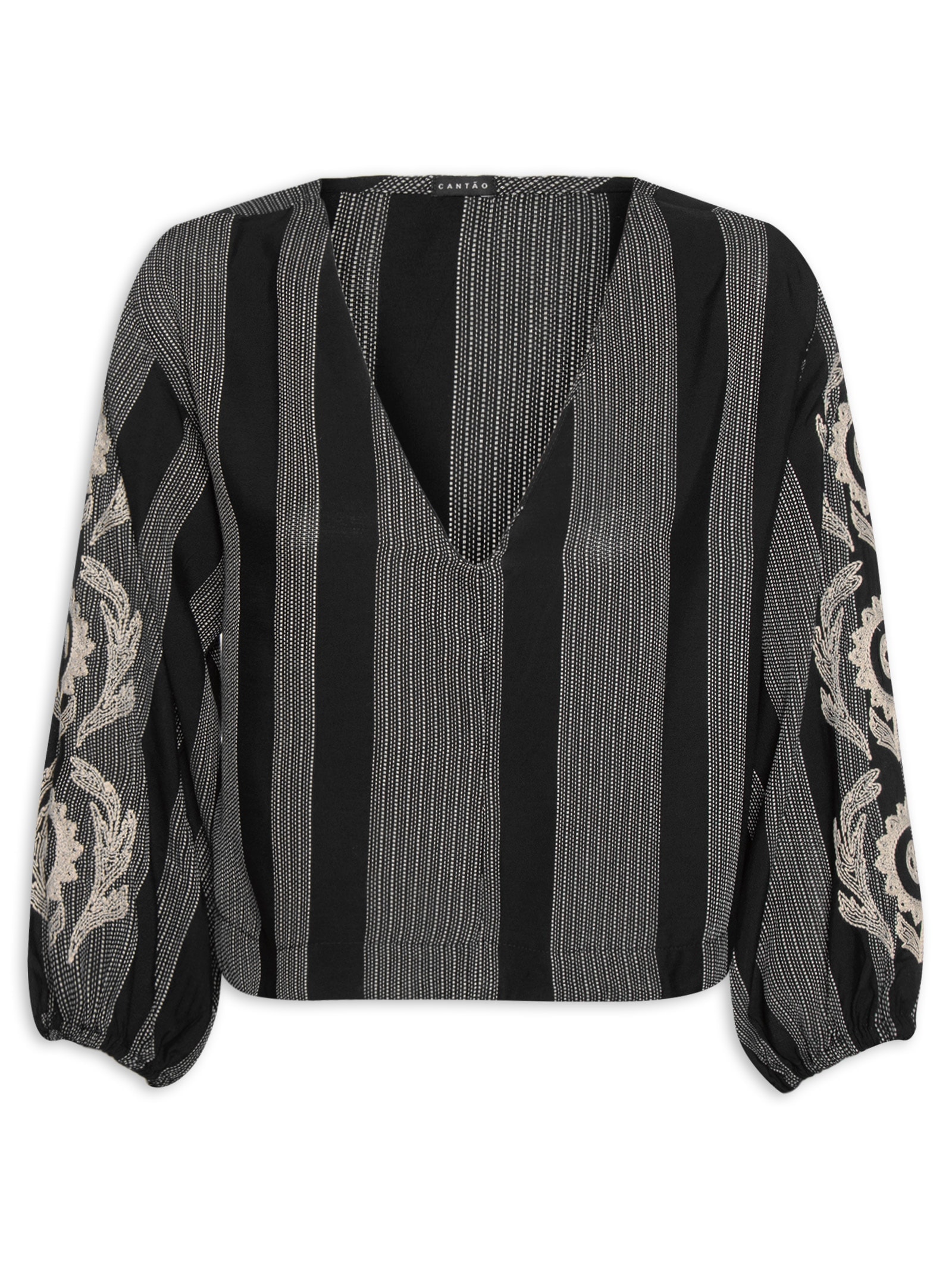 Blusa Feminina Listra Bordado Instante Preto Cantão