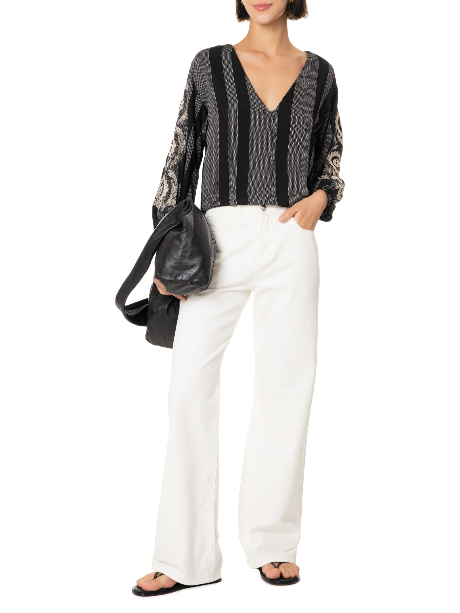 Blusa Feminina Listra Bordado Instante Preto Cantão