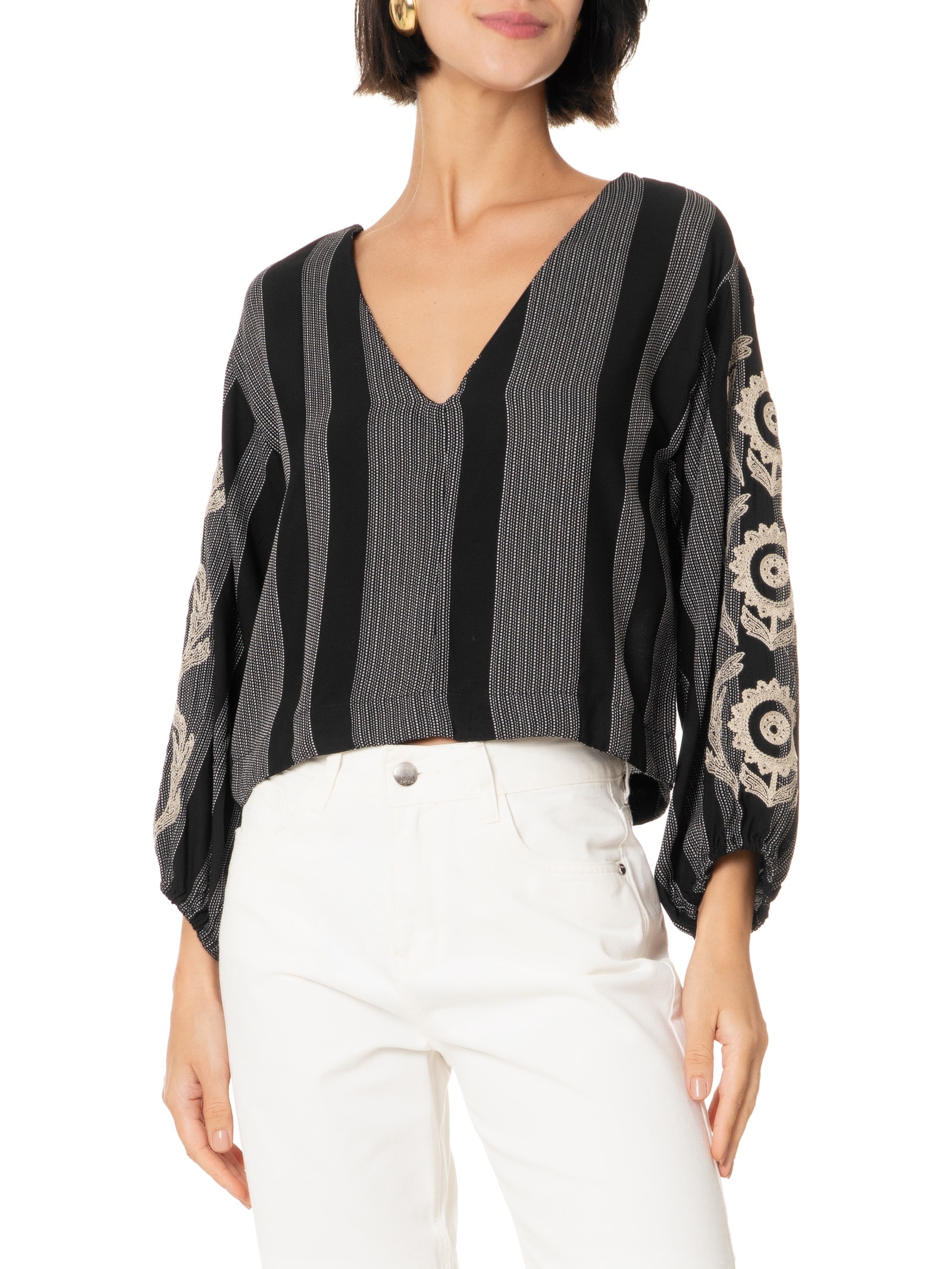 Blusa Feminina Listra Bordado Instante Preto Cantão