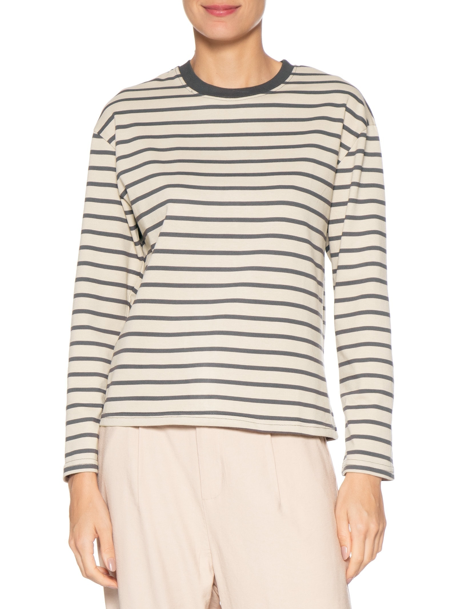 Blusa Feminina Listrada Manga Longa Bege Basiq