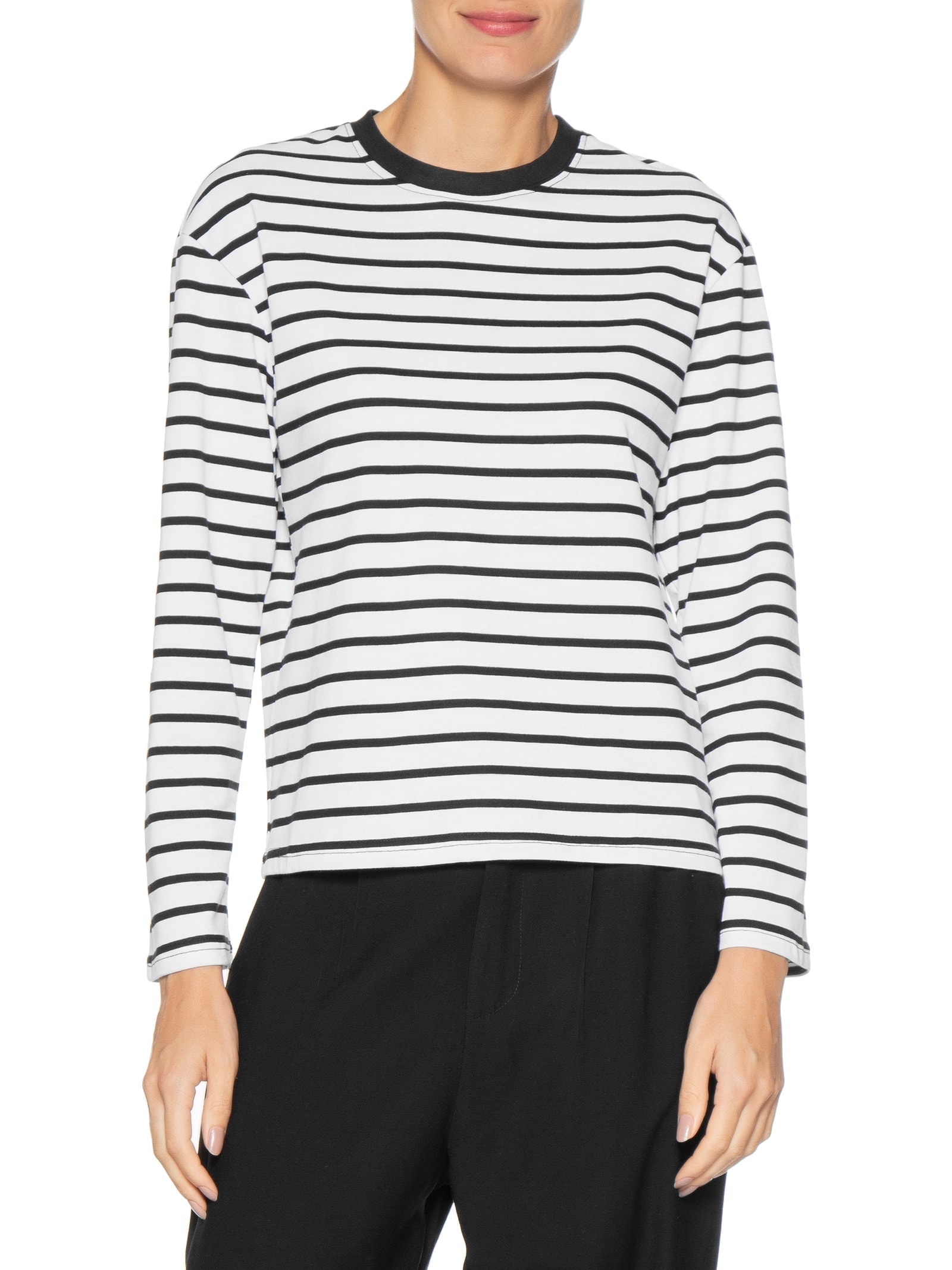 Blusa Feminina Listrada Manga Longa Branco Basiq